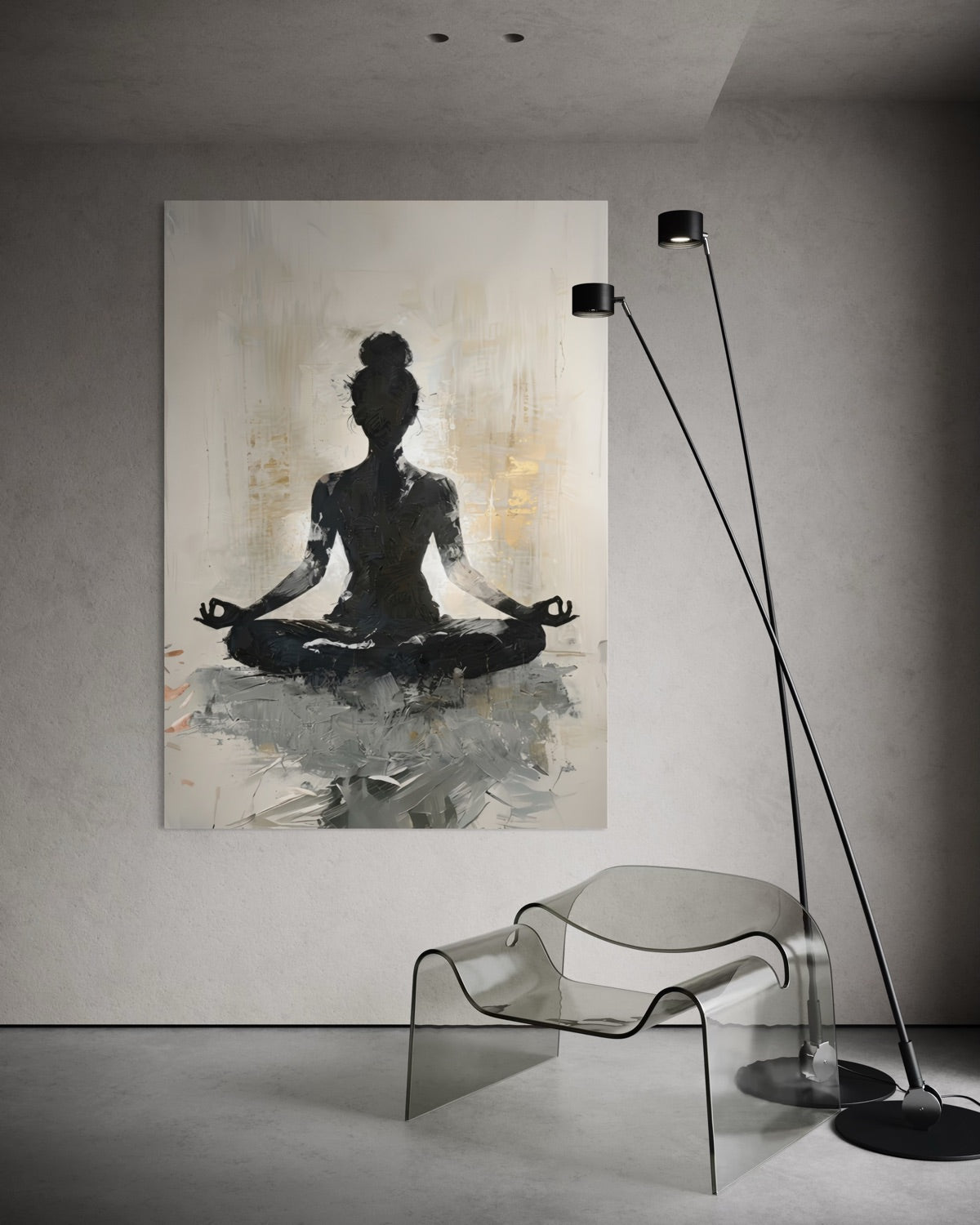 Quadro con figura seduta in meditazione, stampa incorniciata, palette chiara e scura