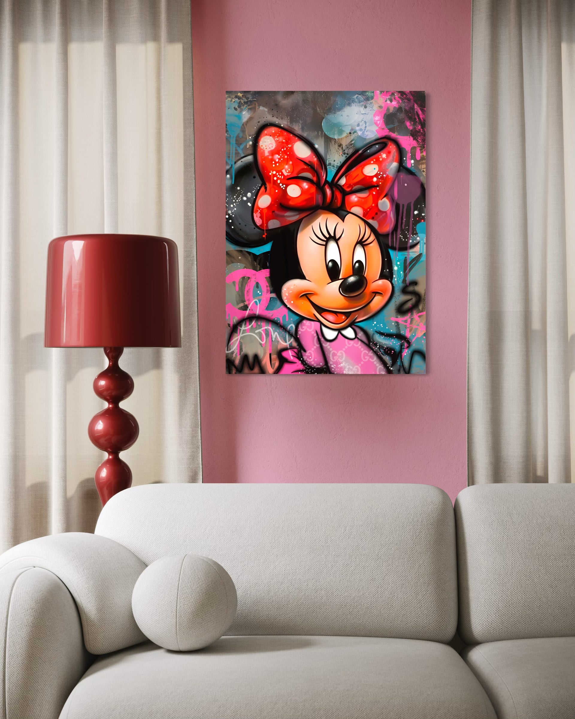 Quadro “Minnie cute” con fiocco rosso e faccina sorridente, cornice scura