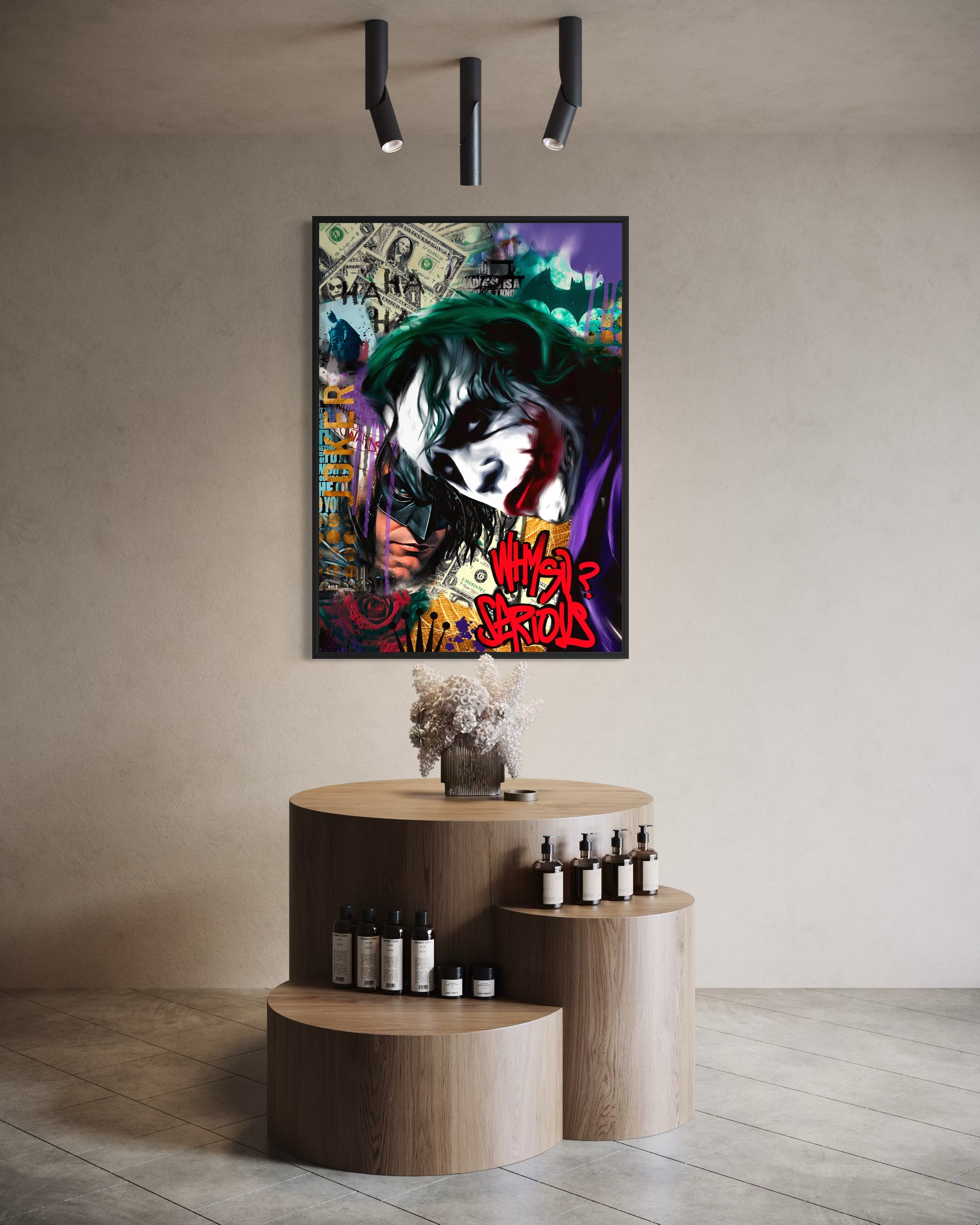 Stampa Joker pop con telaio nero, illustrazione joker in verde e viola.