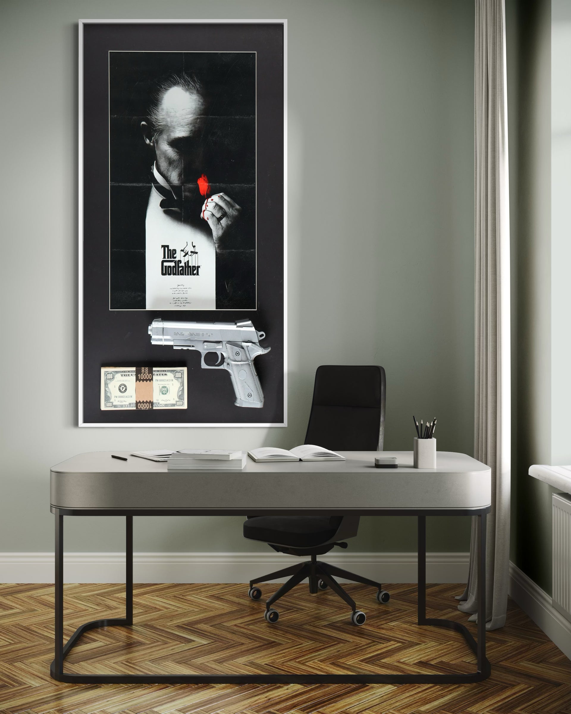 The godfather framed poster, black-and-white portrait with red detail and pistol/money