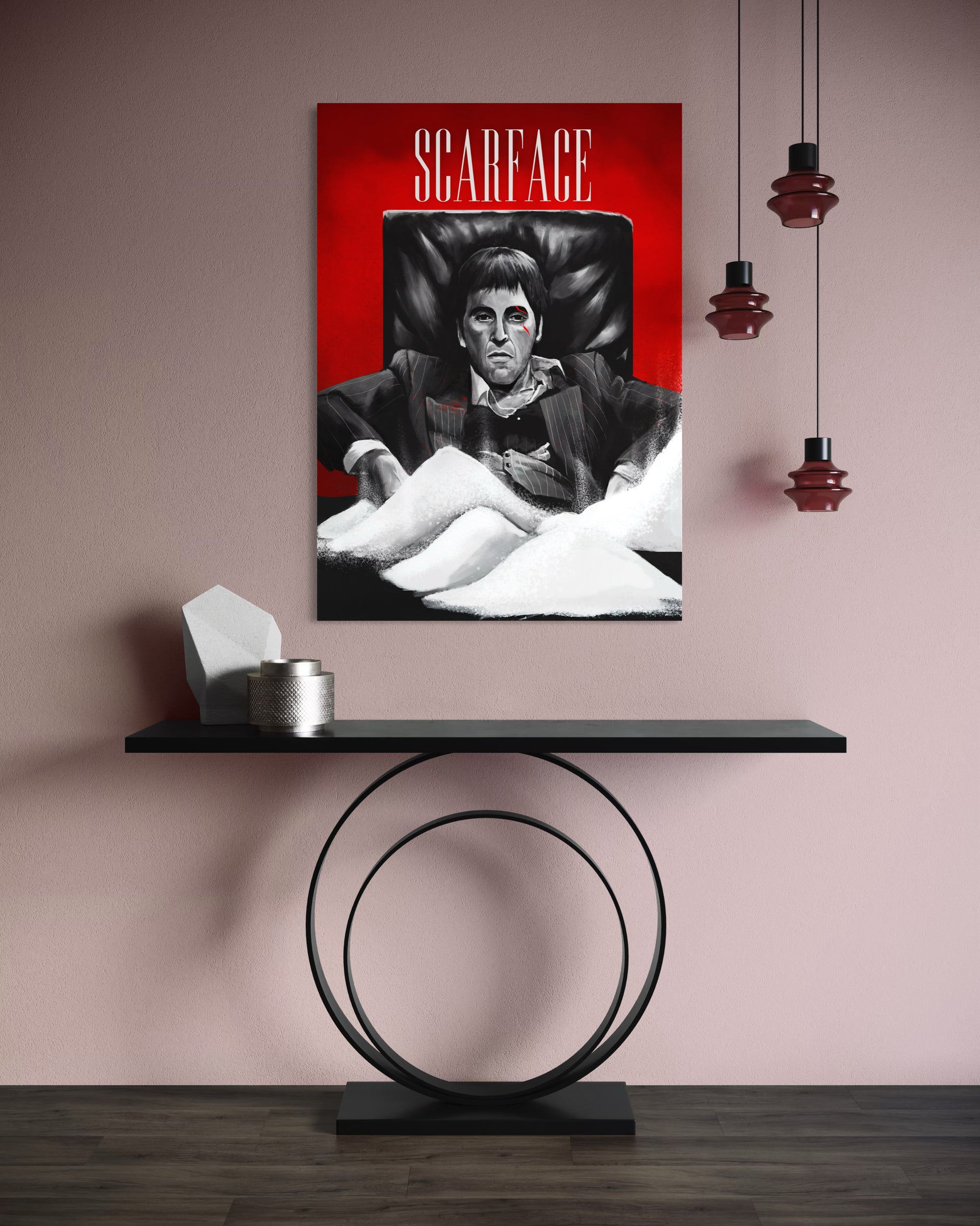 Scarface stampa incorniciata con ritratto in bianco e nero, scritta dorata, sfondo rosso