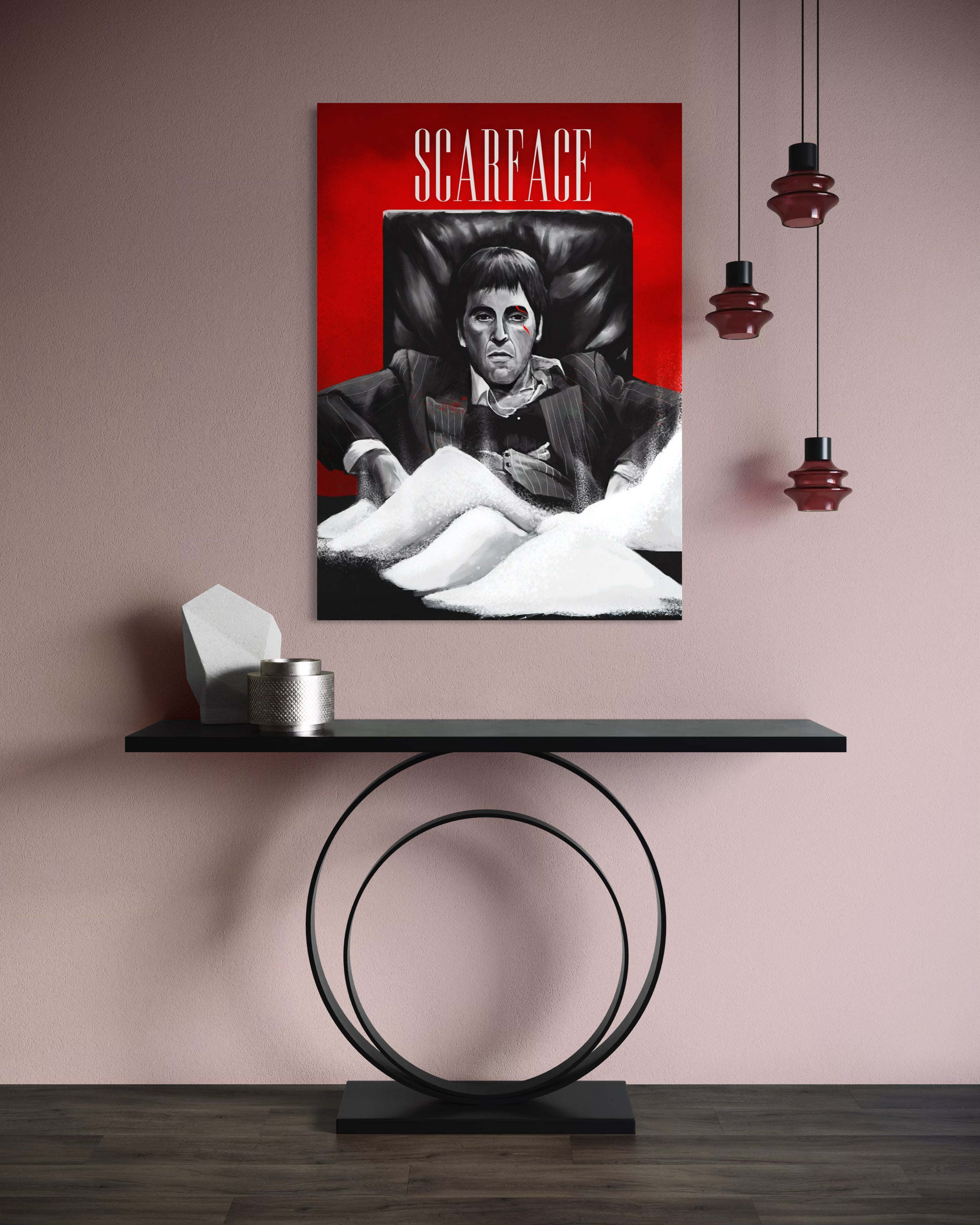 Scarface stampa incorniciata con ritratto in bianco e nero, scritta dorata, sfondo rosso