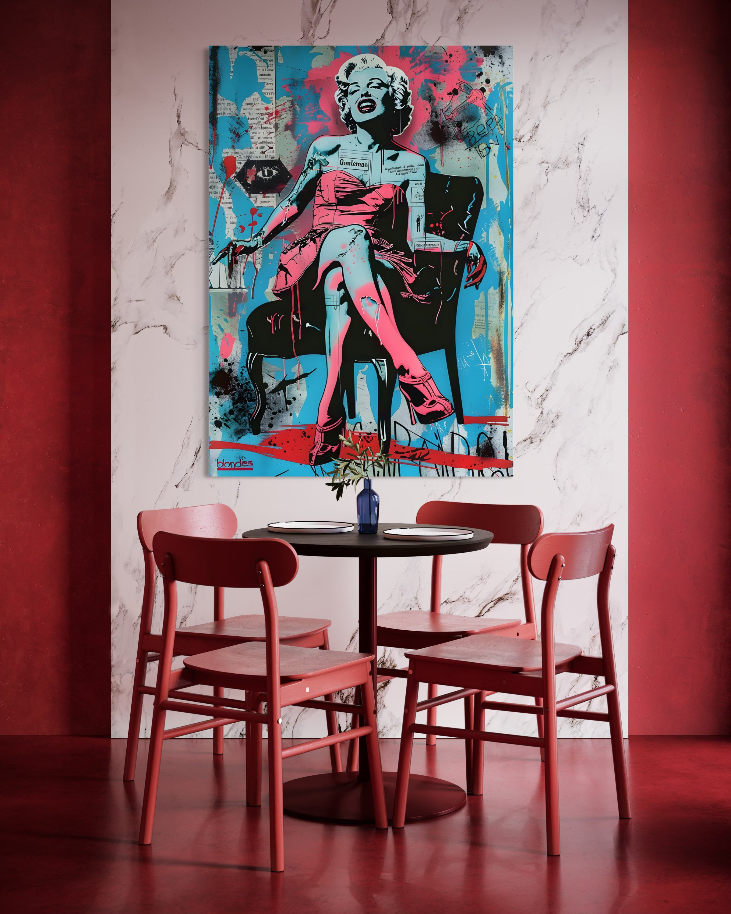 La Diva pink: stampa pop art con figura donna rosa su sfondo azzurro