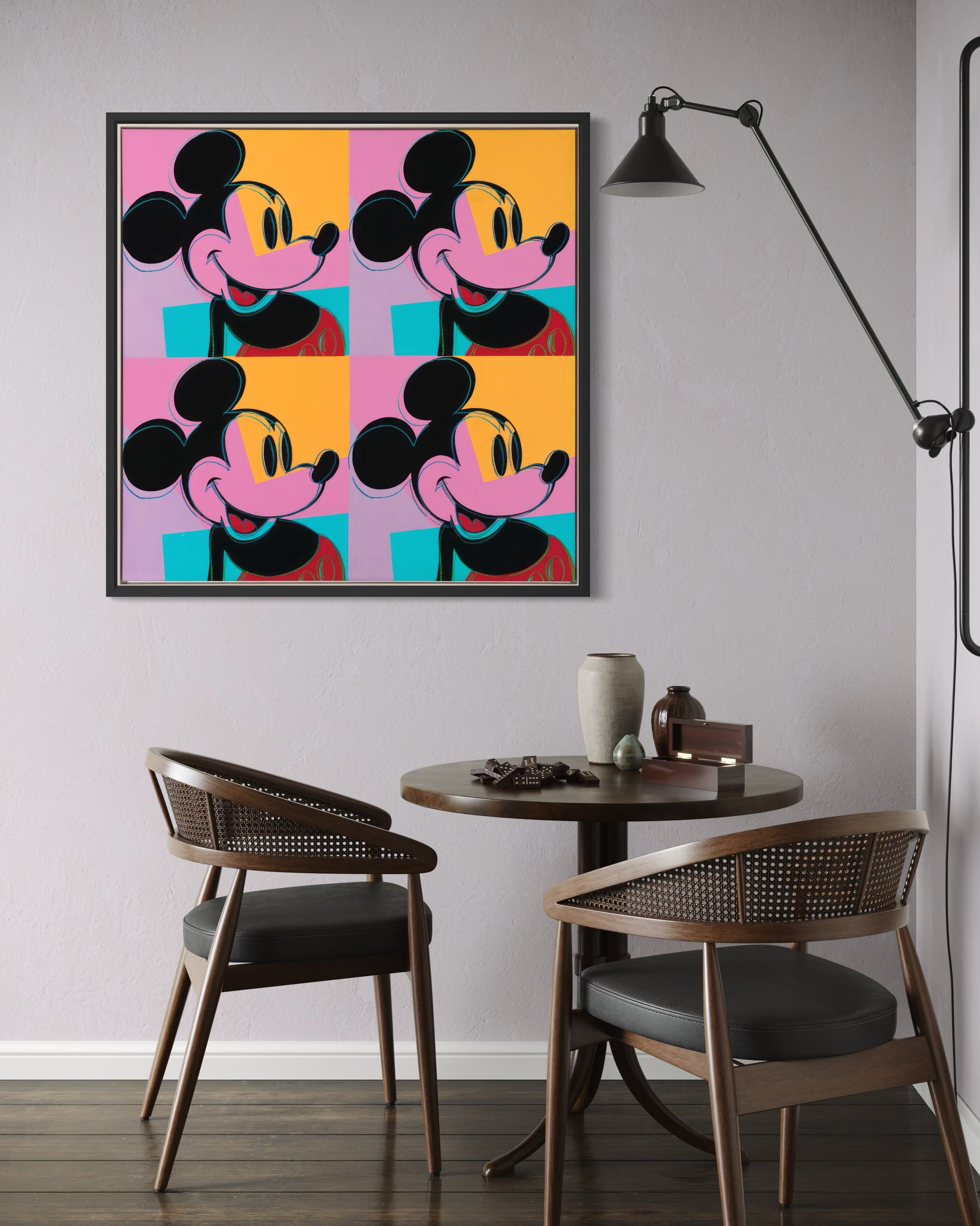 Quadrant Mickey con telaio nero e 4 riquadri con volti di Topolino in colori vivaci
