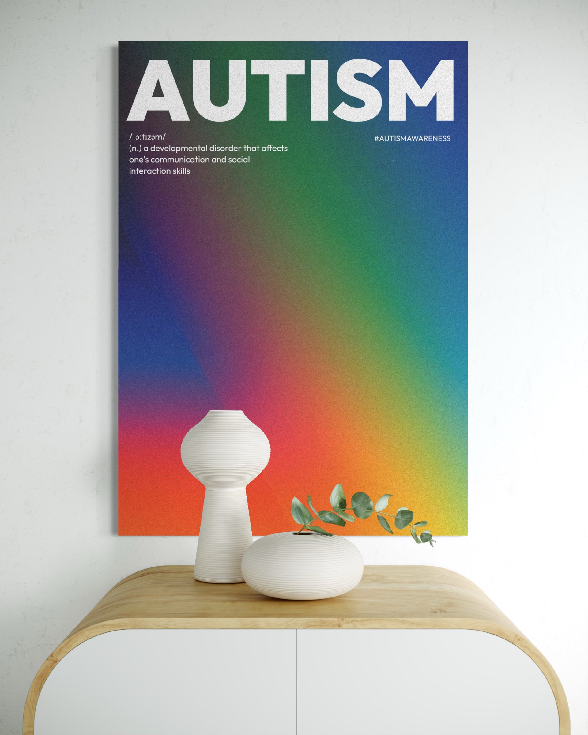 Autism con testo e cornice nera, sfondo arcobaleno e decorazione floreale
