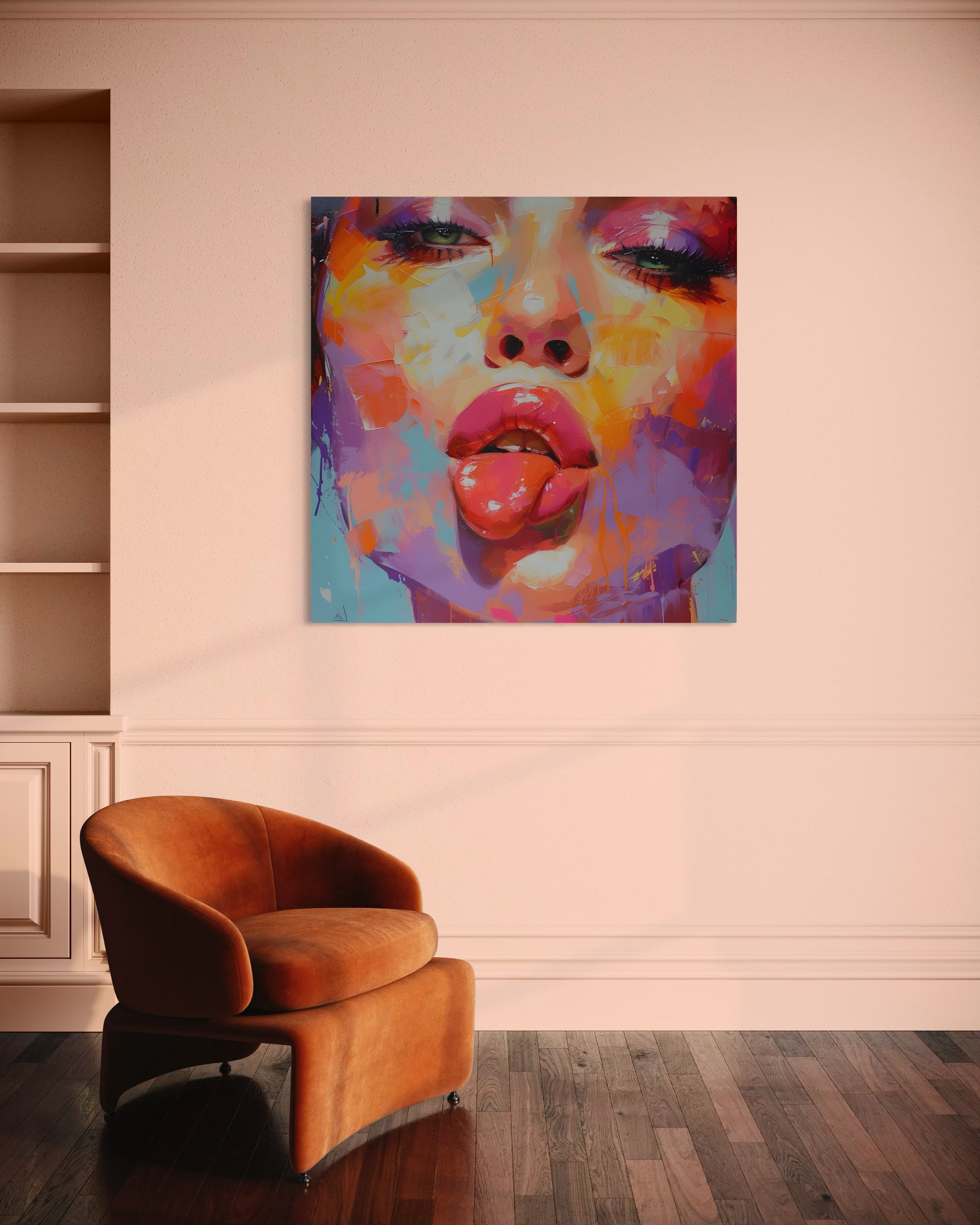 Stampa su tela quadrata con volto pop art, colori vivaci e cornice