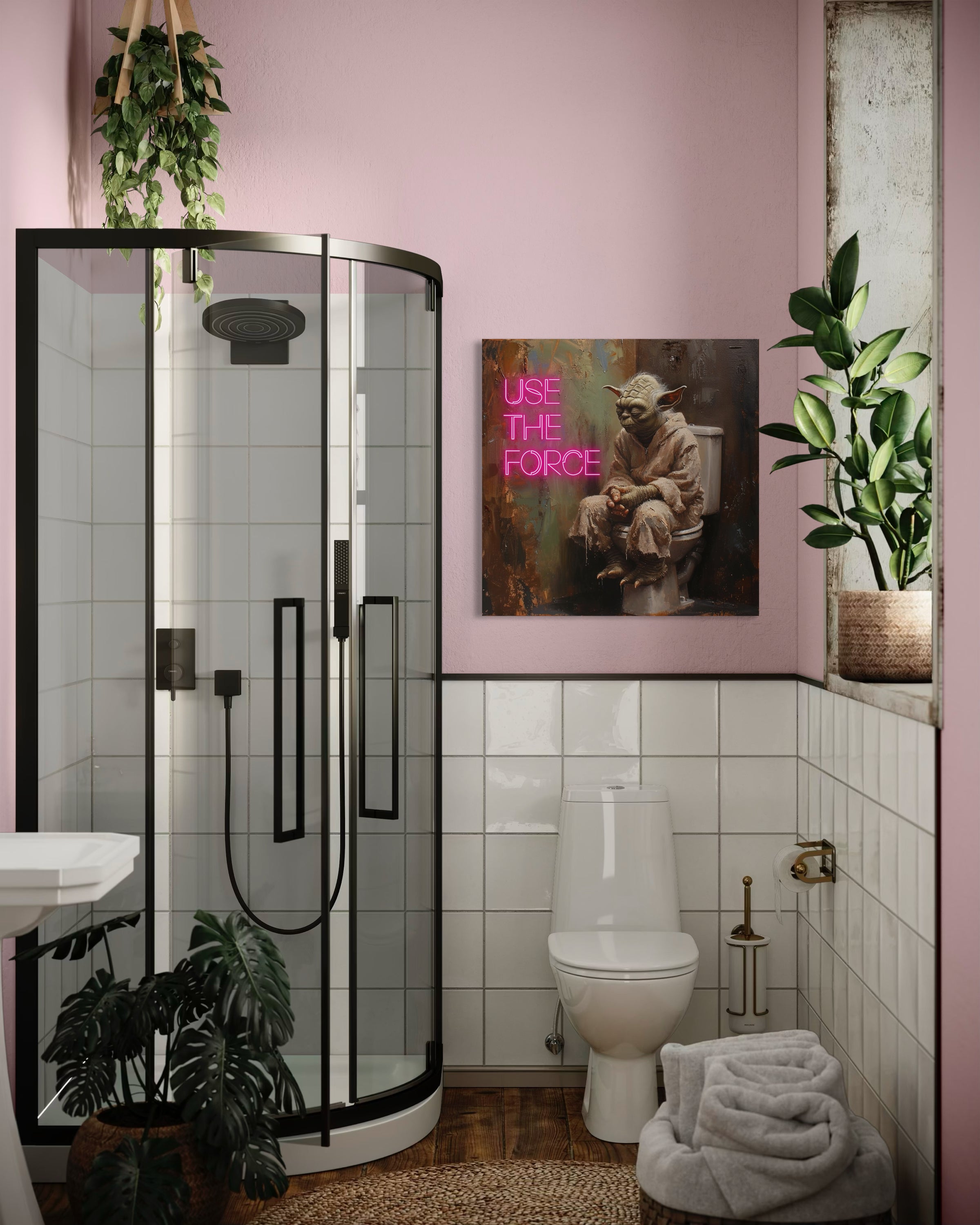 Stampa quadrata “USE THE FORCE” con figura scura e scritta colorata
