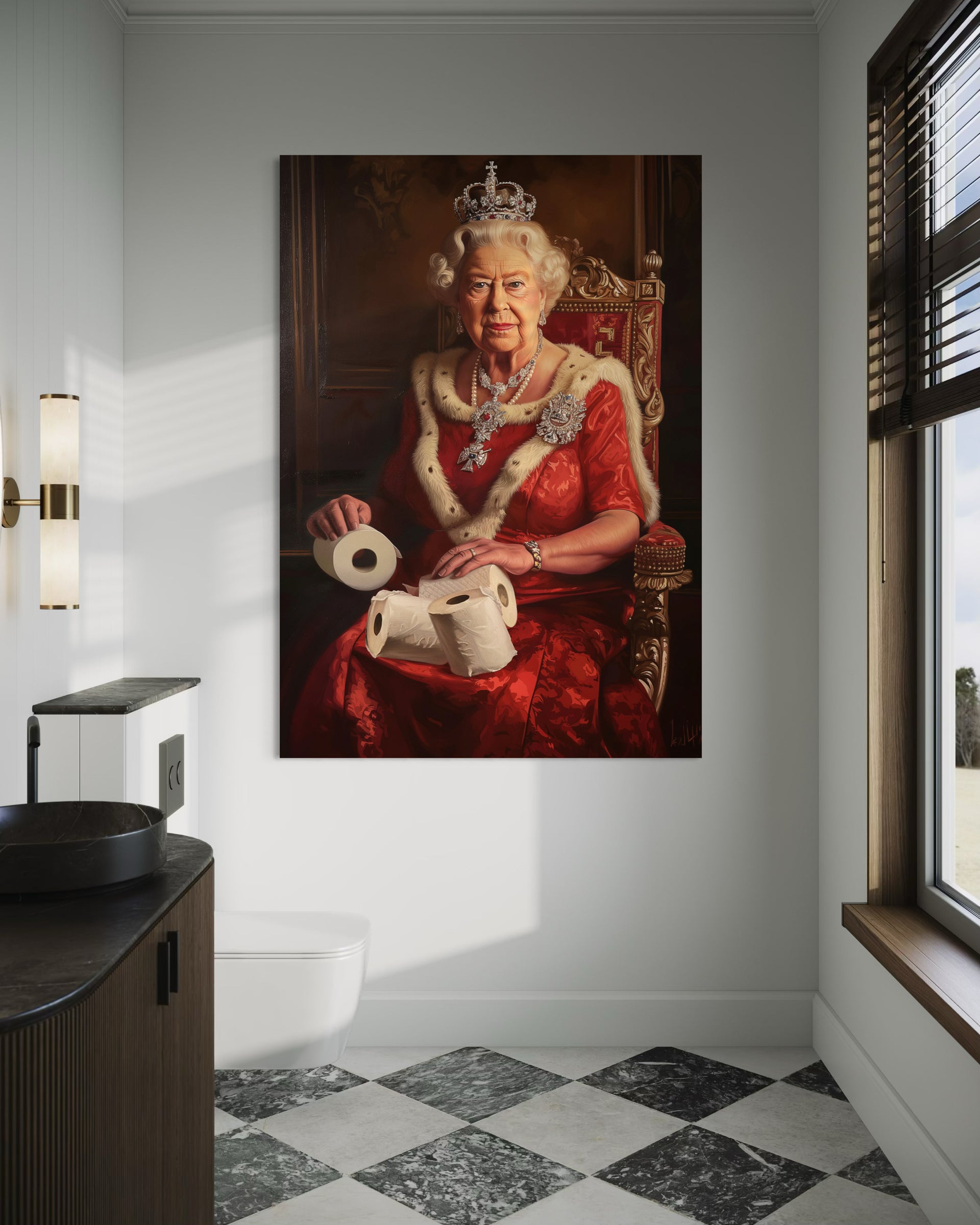 Framed royal portrait: crowned figure in red dress holding toilet paper rolls
