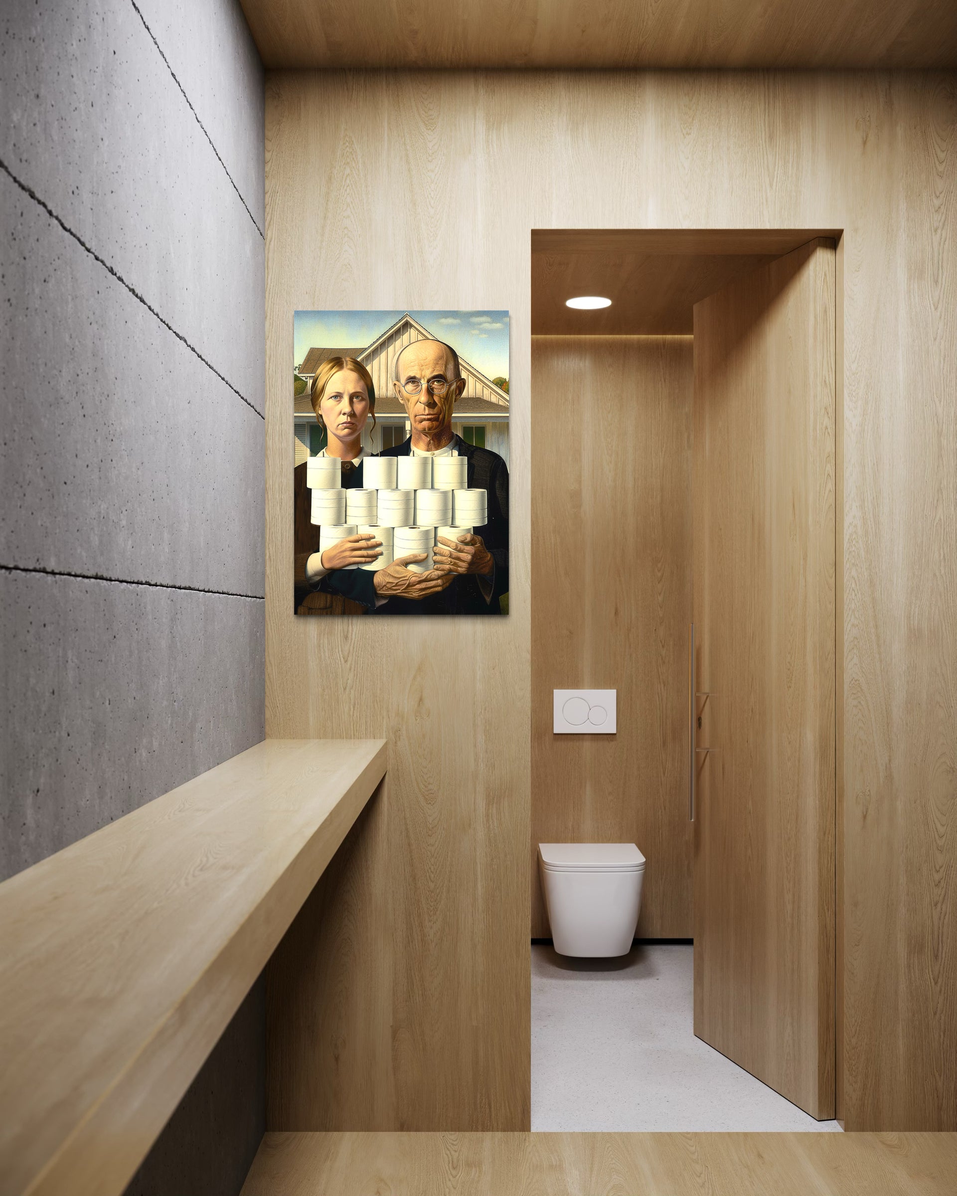 Quadro “Mai abbastanza” con due figure in cornice scura, appeso alla parete