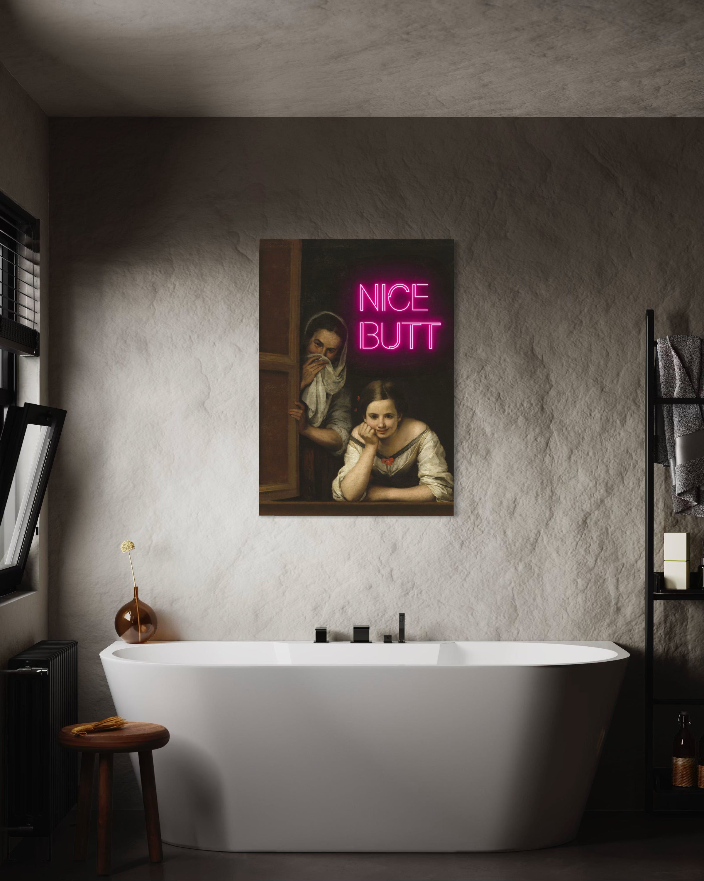 Nice butt framed wall art with neon pink “NICE BUTT” text, dark frame