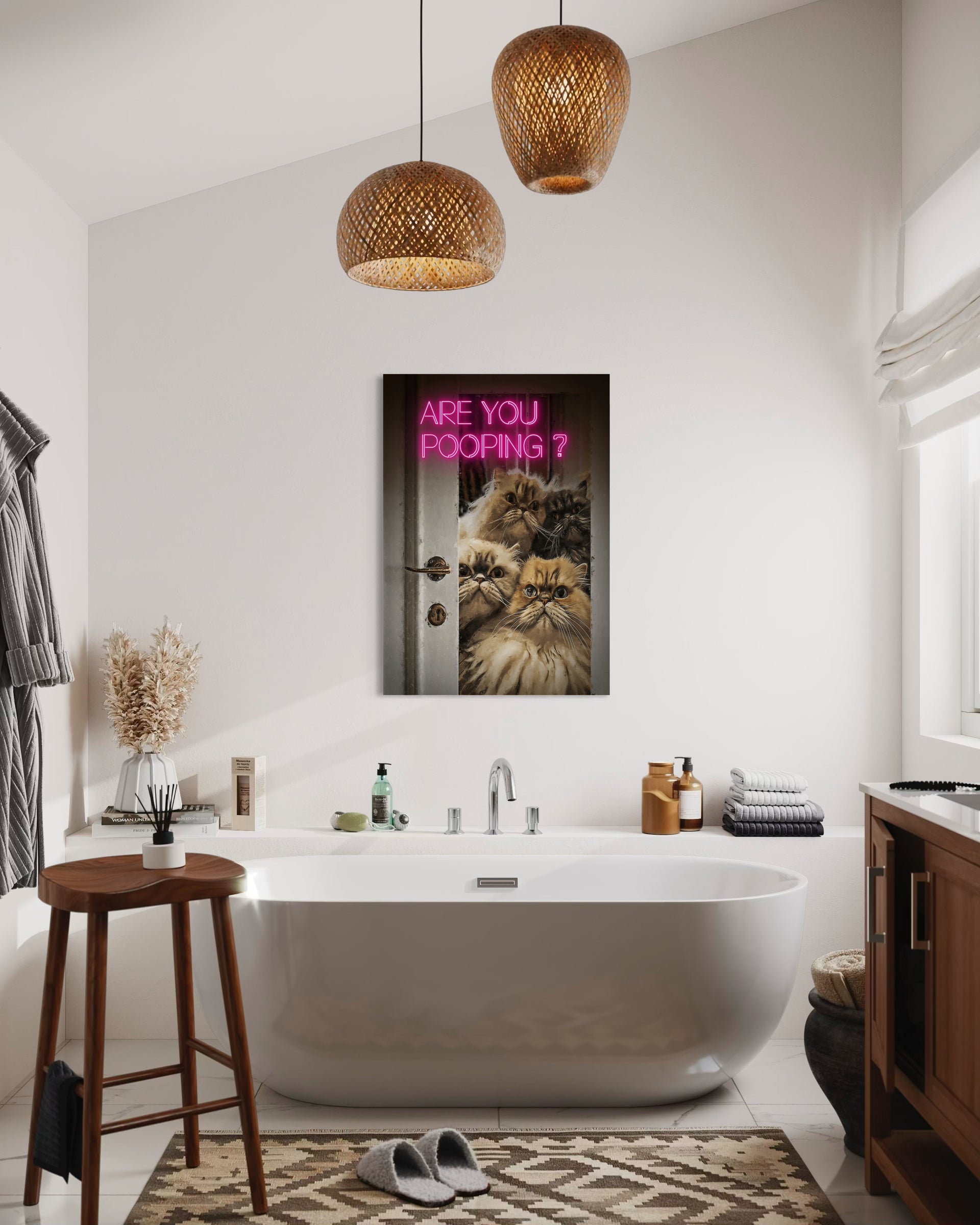 Pooping framed print: cat face with pink “ARE YOU POOPING?” text, black frame
