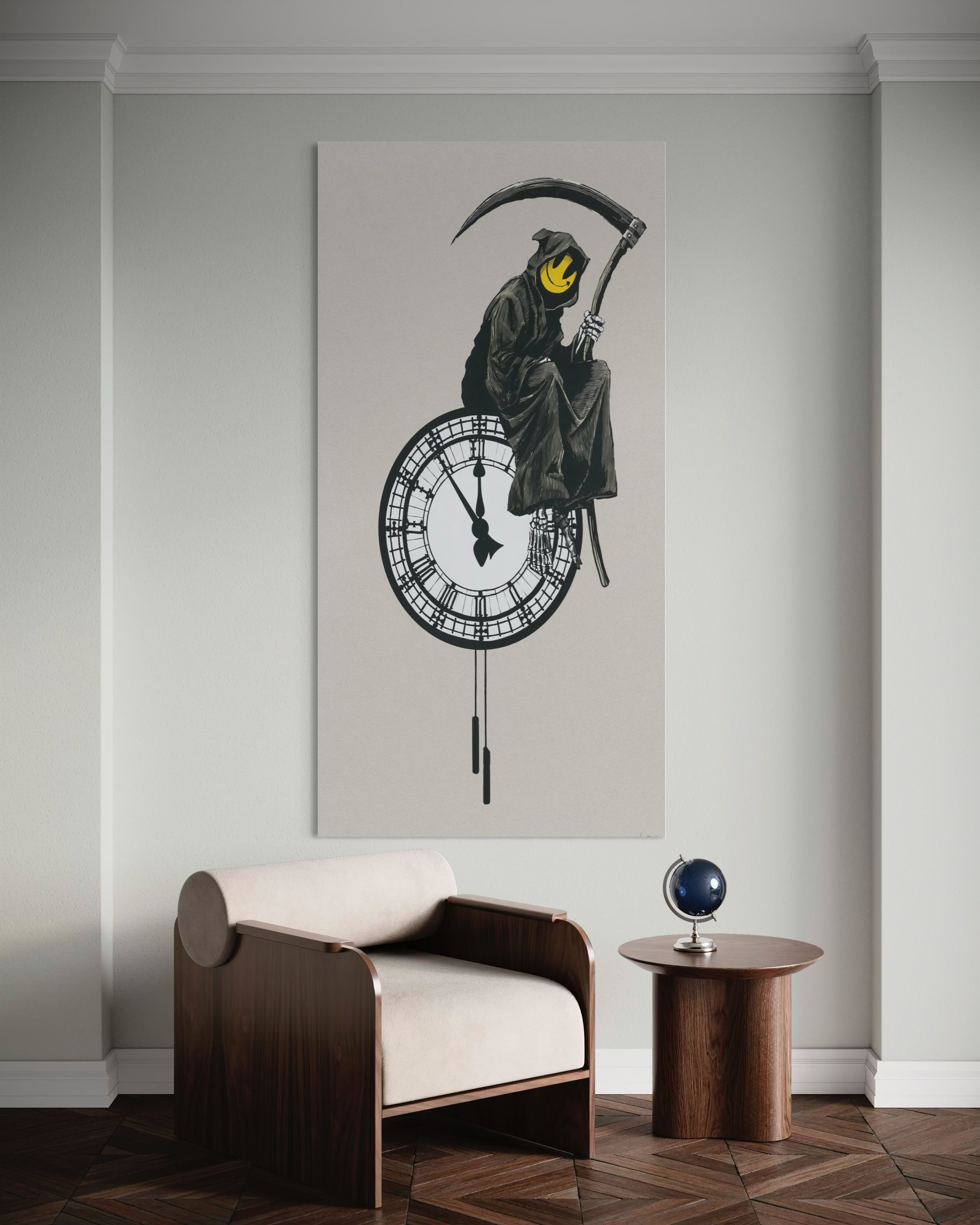 Stampa incorniciata “Time” con figura pensierosa e grande orologio