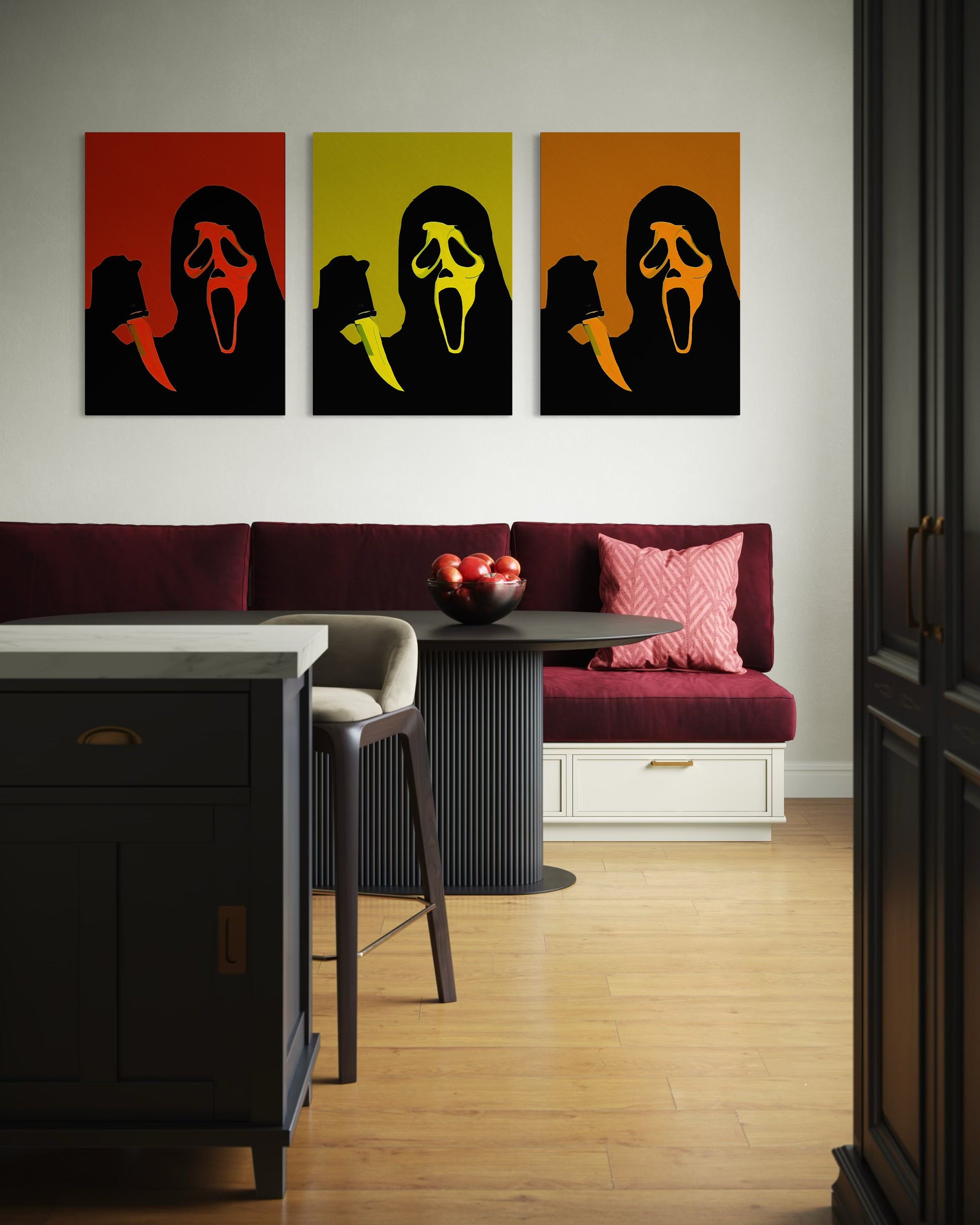 Scream set: tre stampe con figure urlanti su sfondi rosso, giallo e arancione