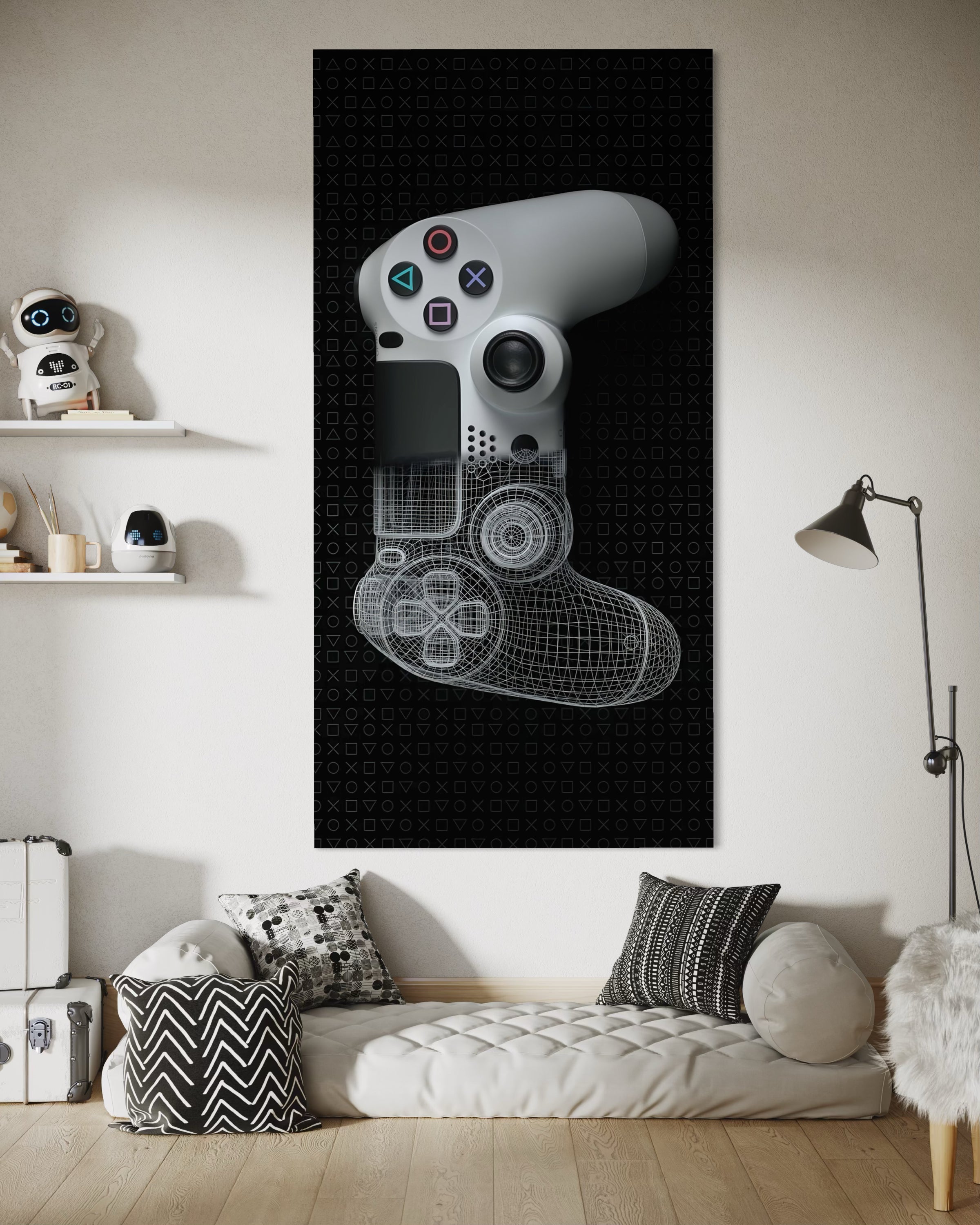 Stampa Game con controller gaming e sfondo nero