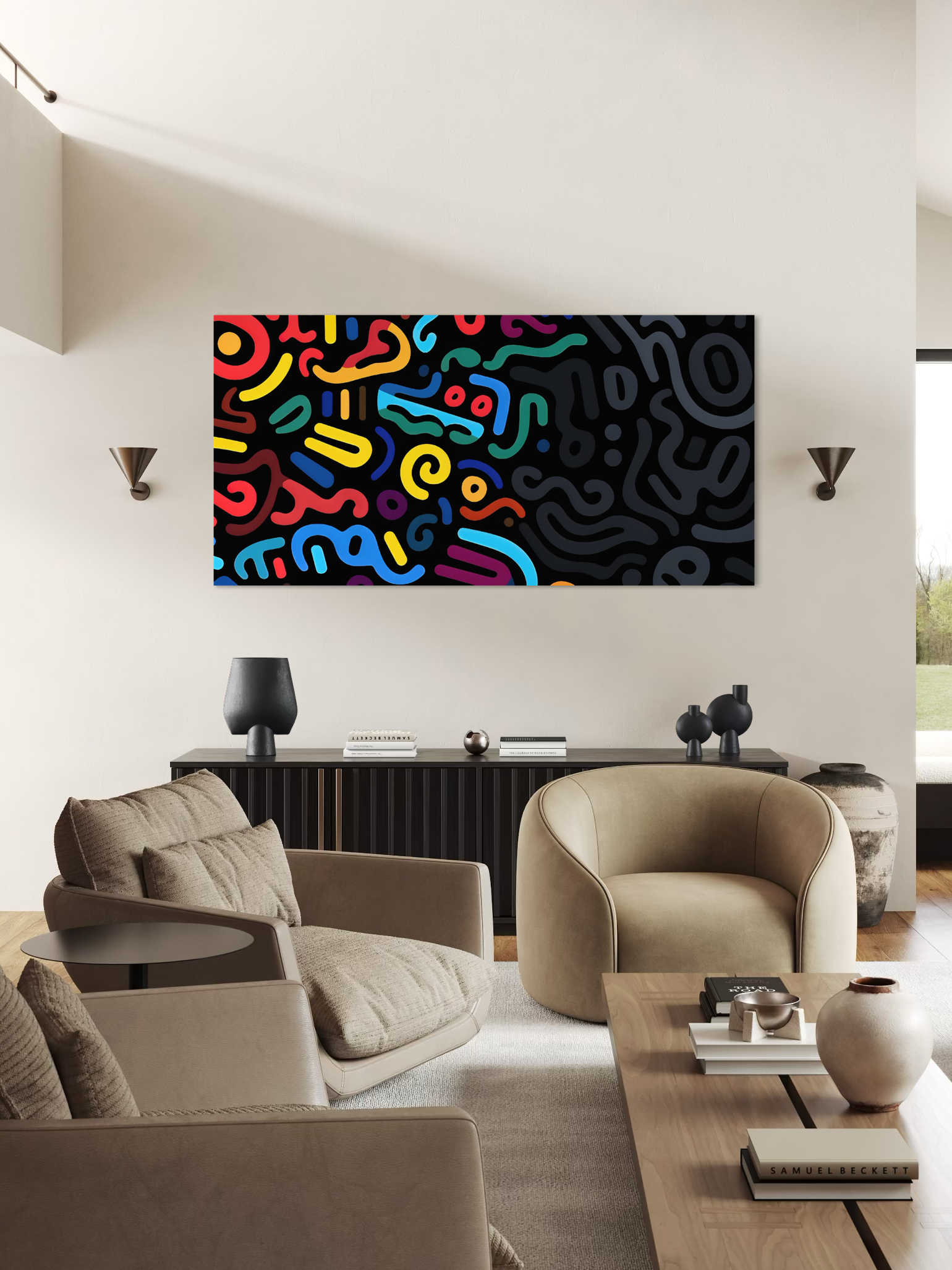 Different quadro astratto rettangolare con motivo multicolore su sfondo scuro