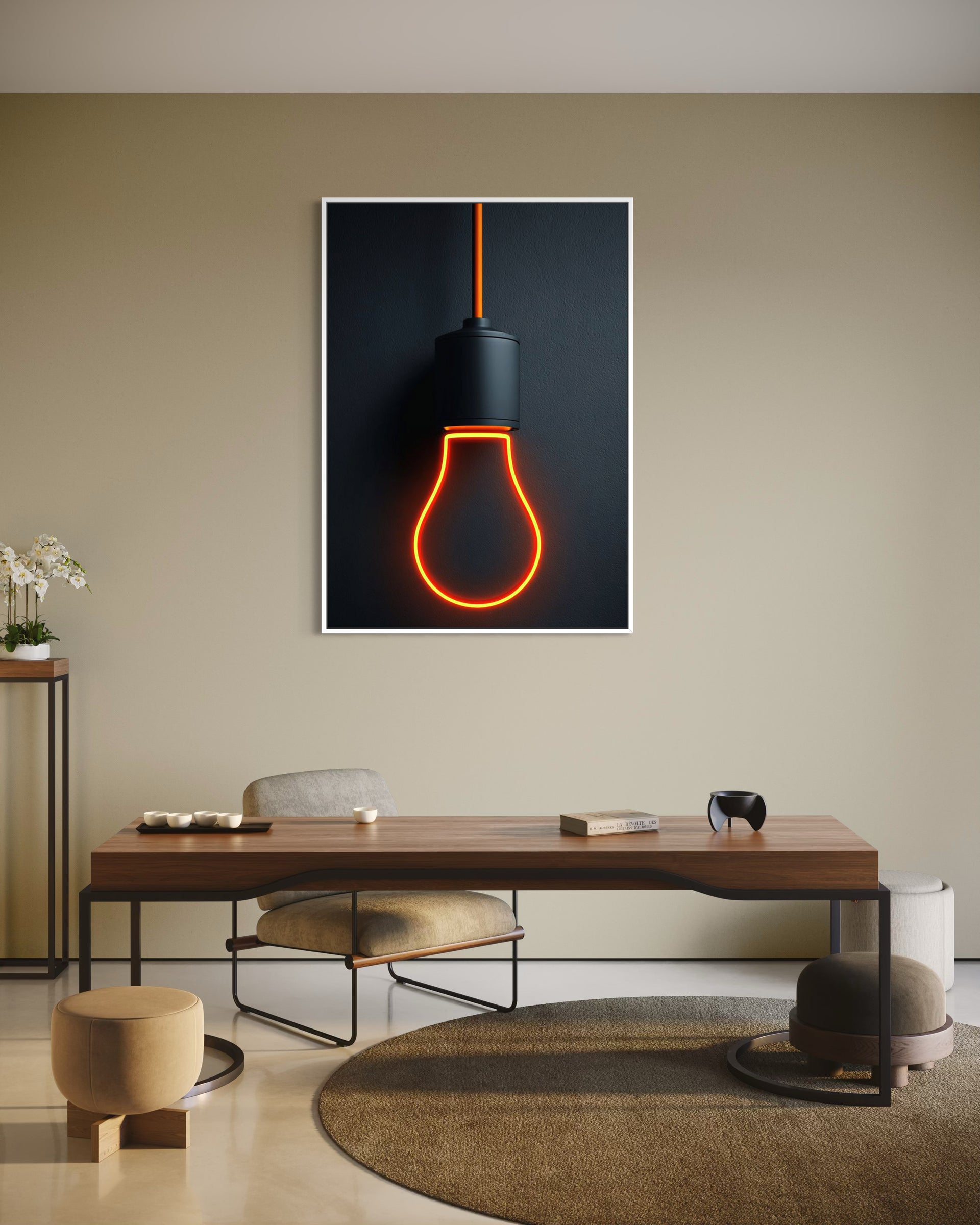 Accendi con lampadina al neon arancione e cornice chiara