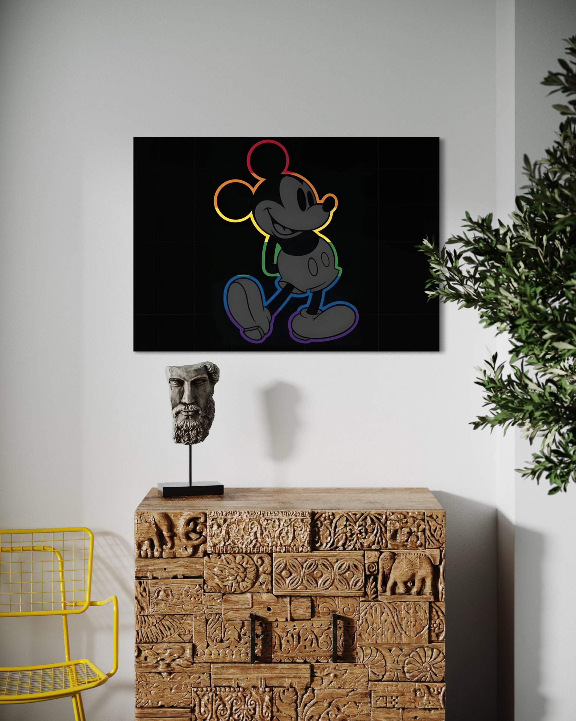 Rainbow Topolino: stampa con cornice nera e Topolino seduto con contorno arcobaleno