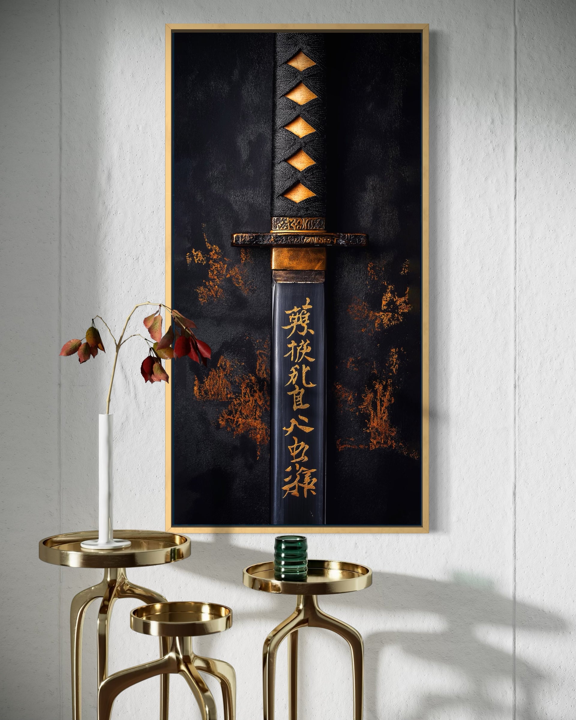 Katana gold con cornice dorata e katana stilizzata su sfondo scuro