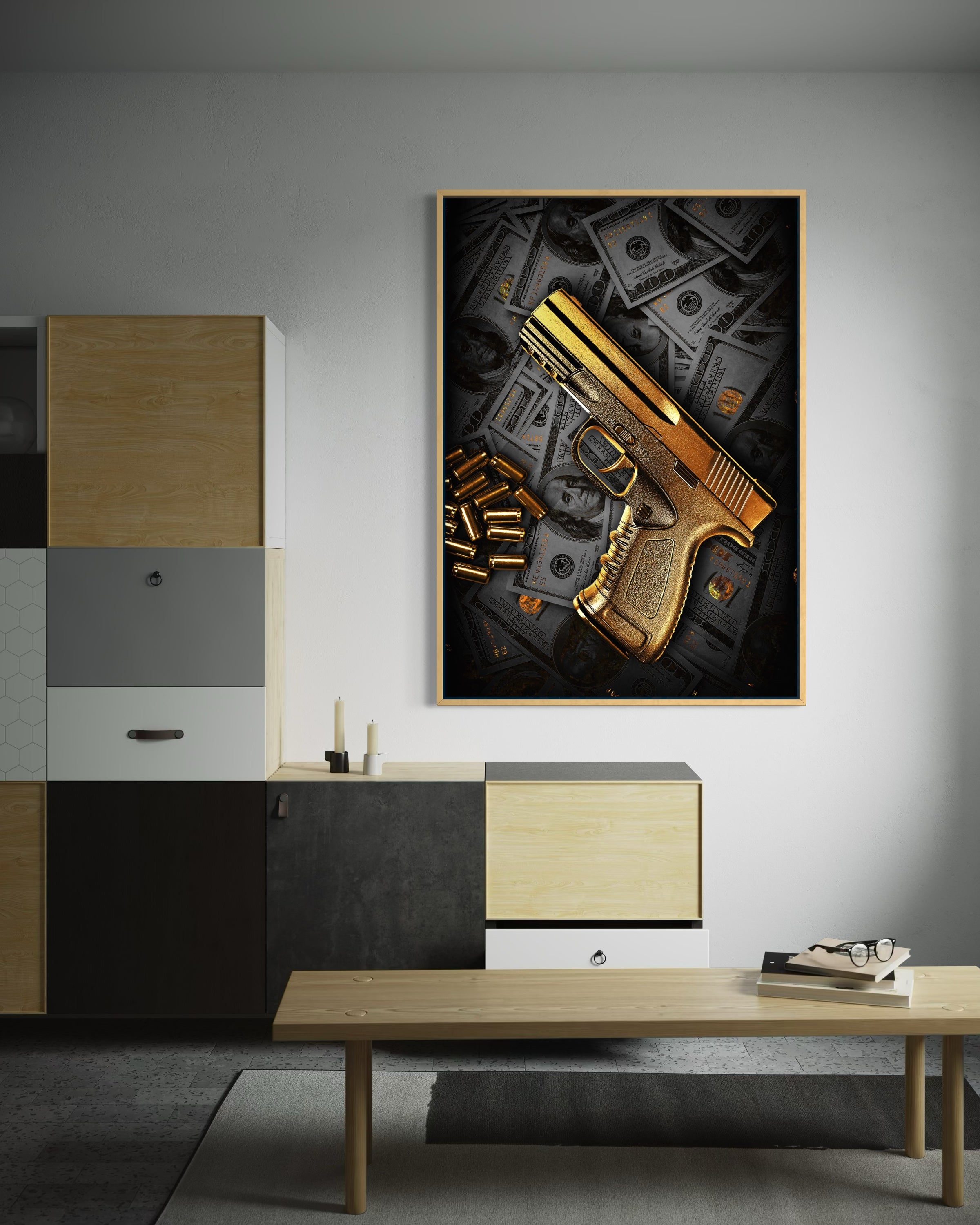 Pistola gold incorniciata, illustrazione su sfondo scuro