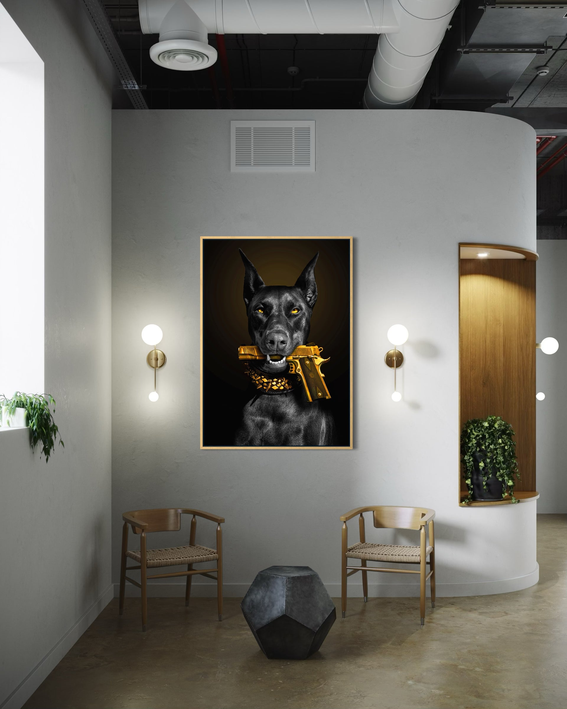 Dog army incorniciato, cane nero con berretto e pistole in stile poster, cornice dorata