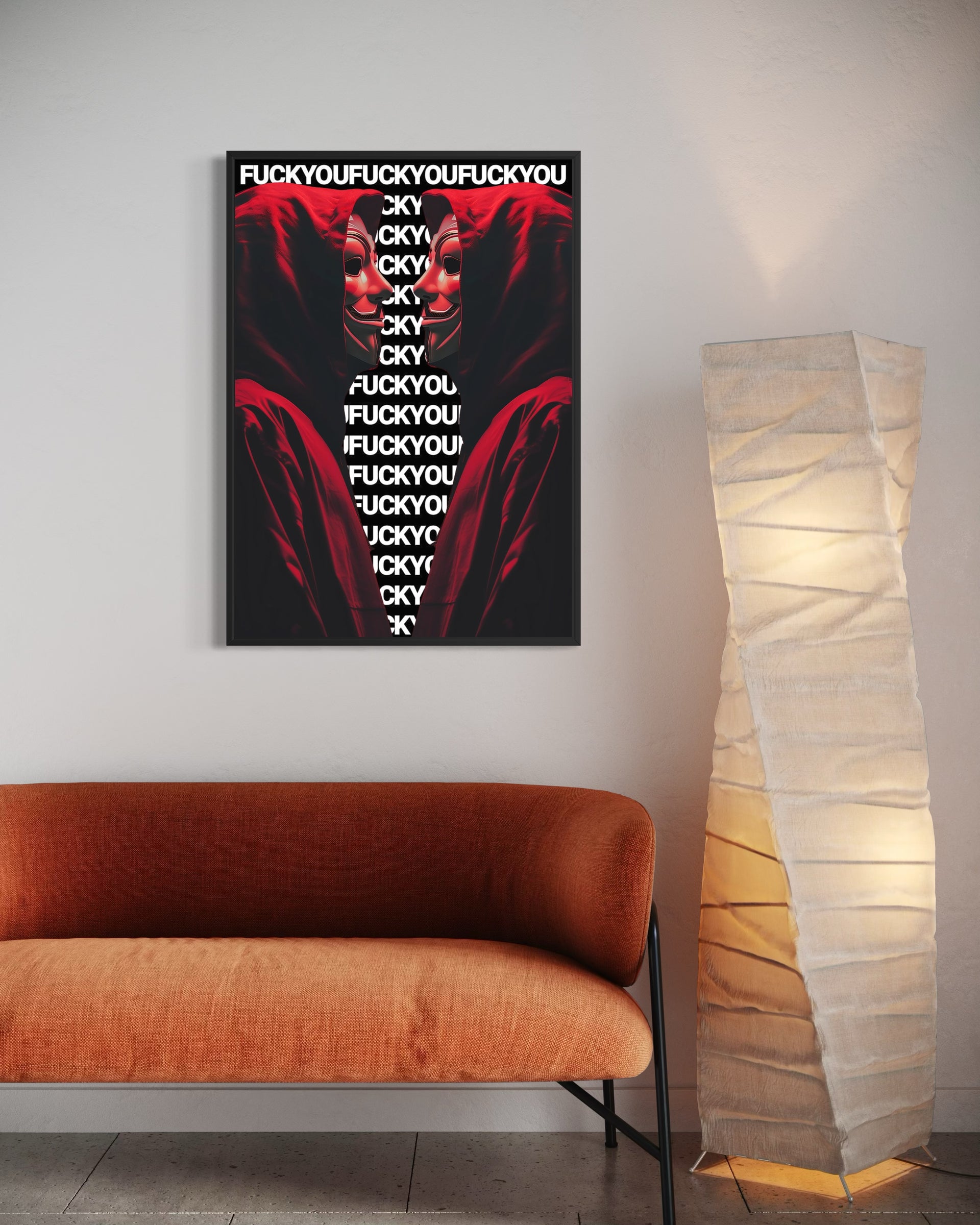 Fuck mask framed artwork, black background with red graphic and repeated text