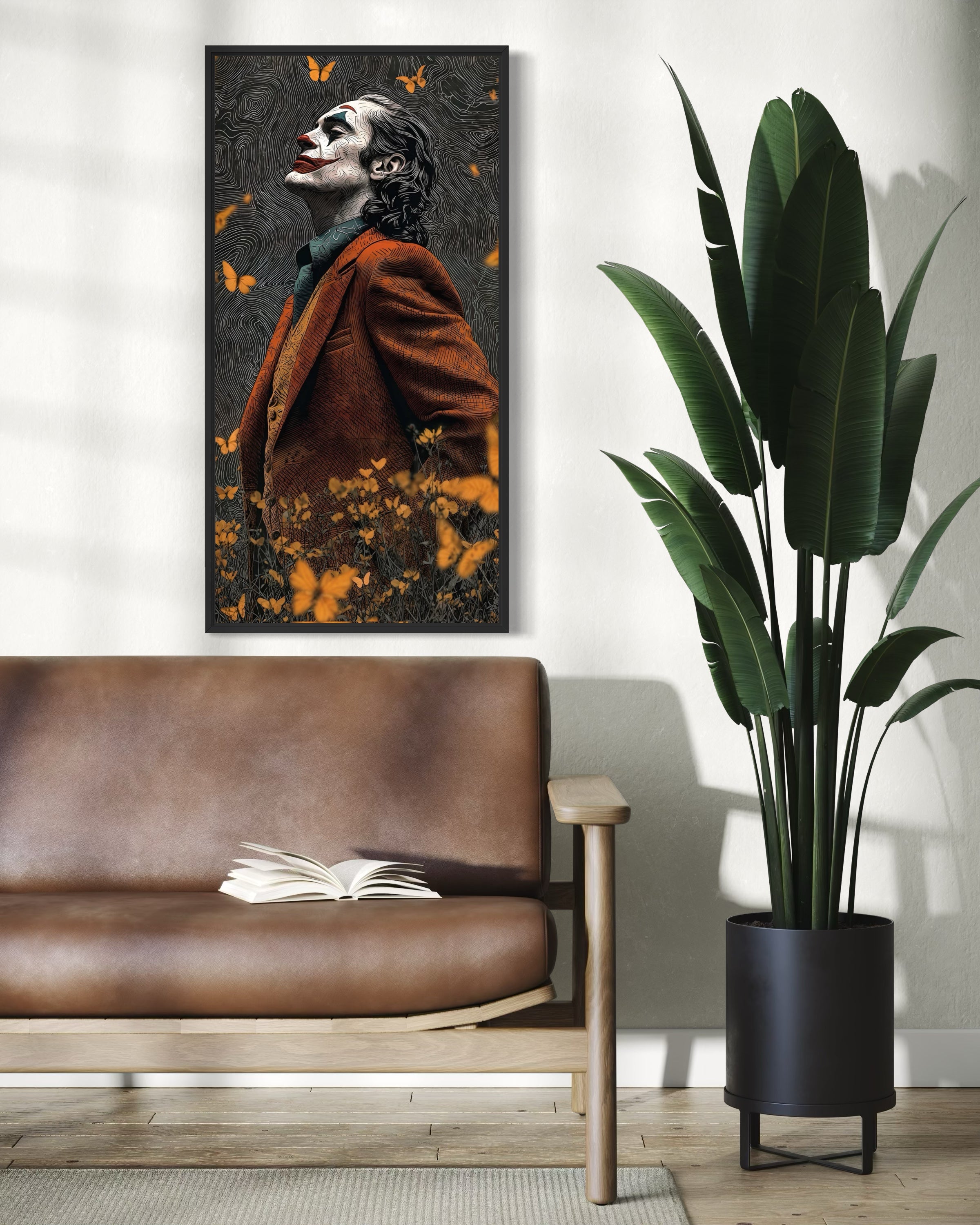 Joker line butterfly: ritratto con farfalle arancioni su sfondo scuro, cornice nera