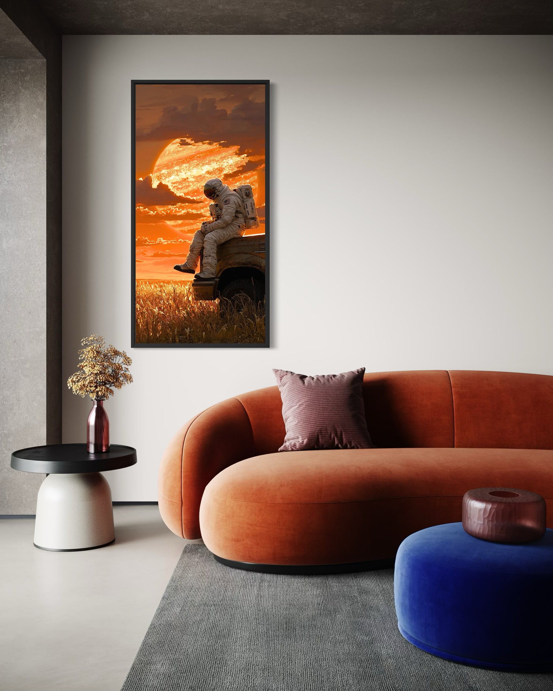 Quadro Home con cornice nera, scena uomo al tramonto nel campo