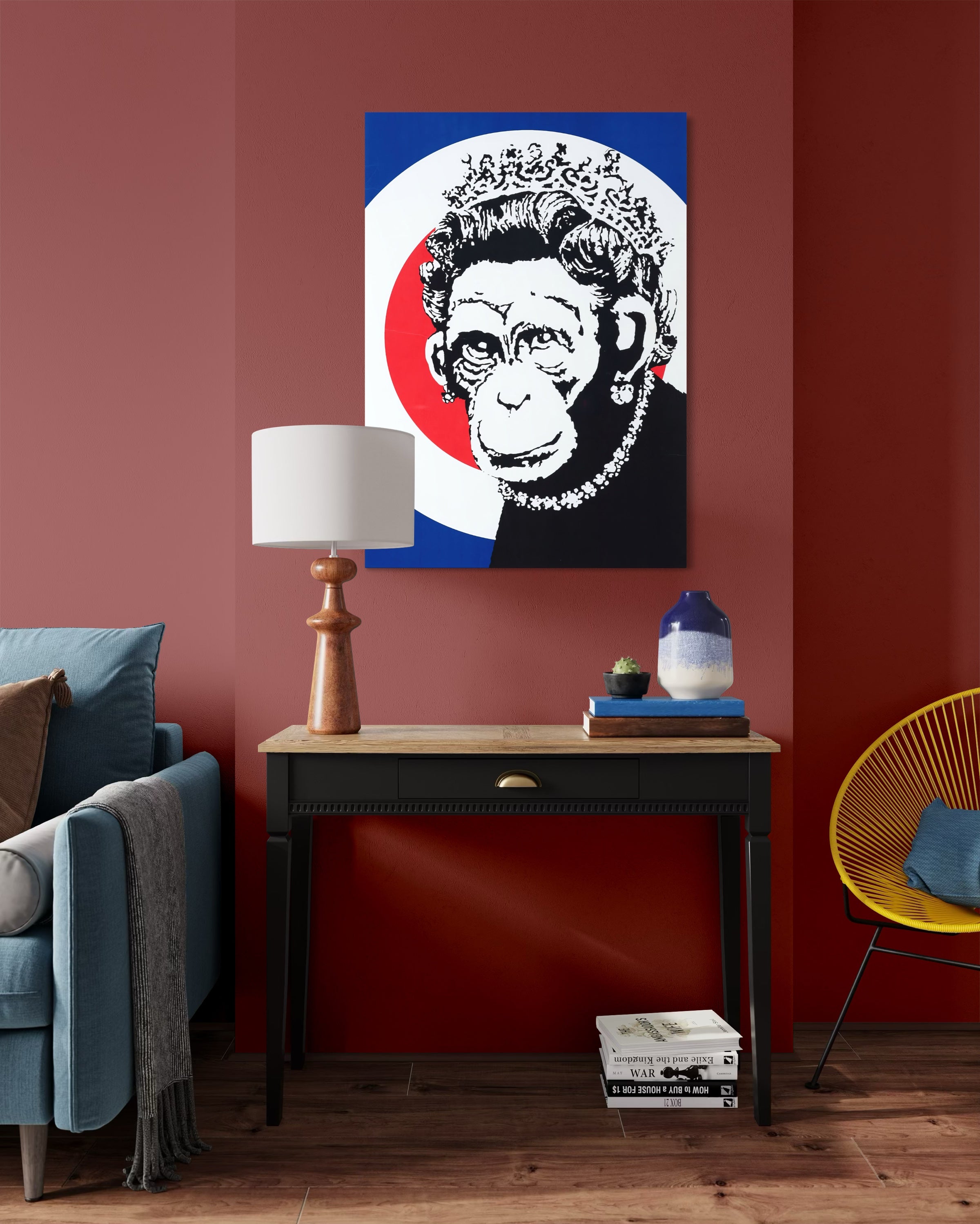 Stampa pop art su tela con ritratto in cerchio nero e rosso, sfondo blu