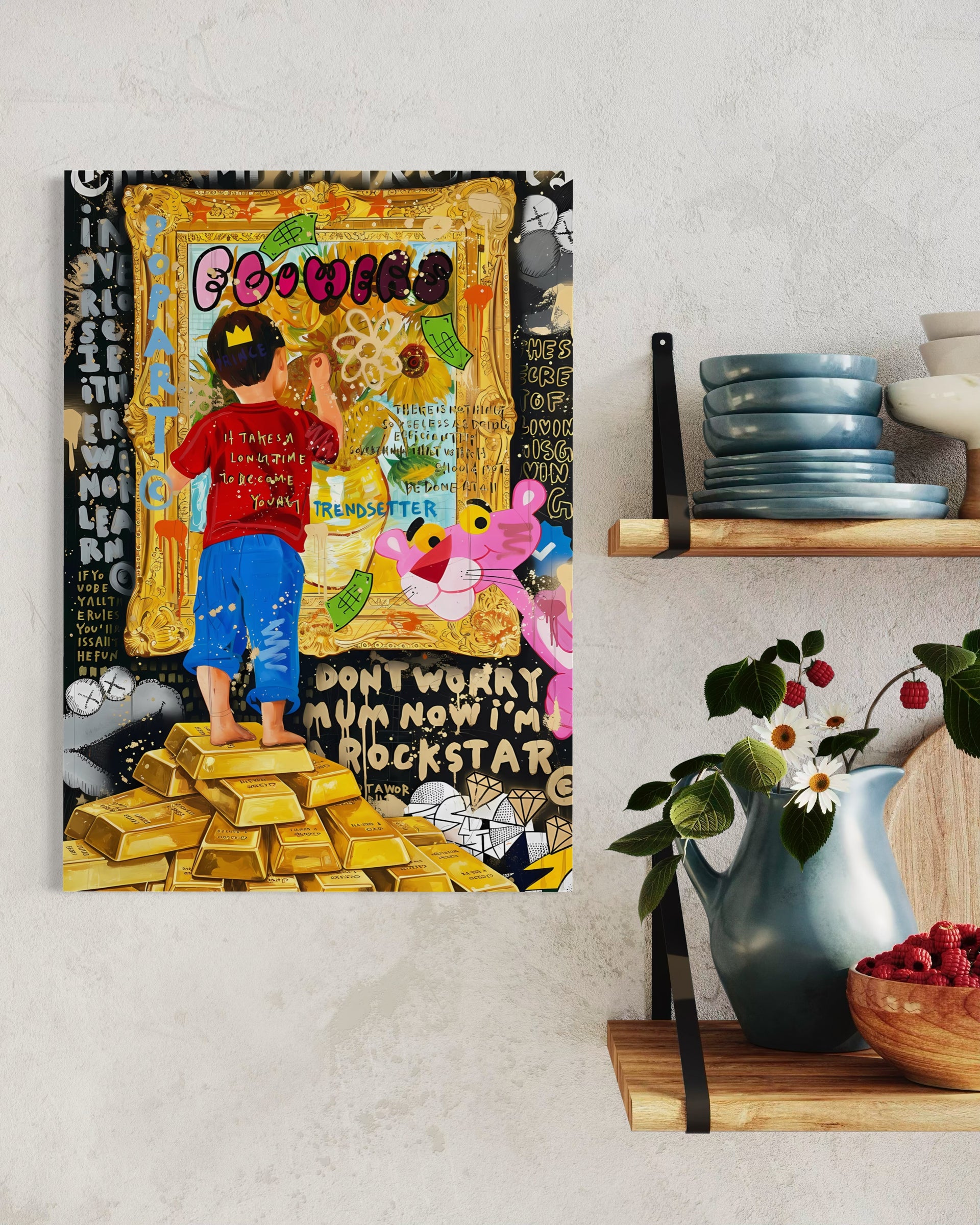 more gold con cornice nera e personaggi su sfondo dorato, lingotti e scritte