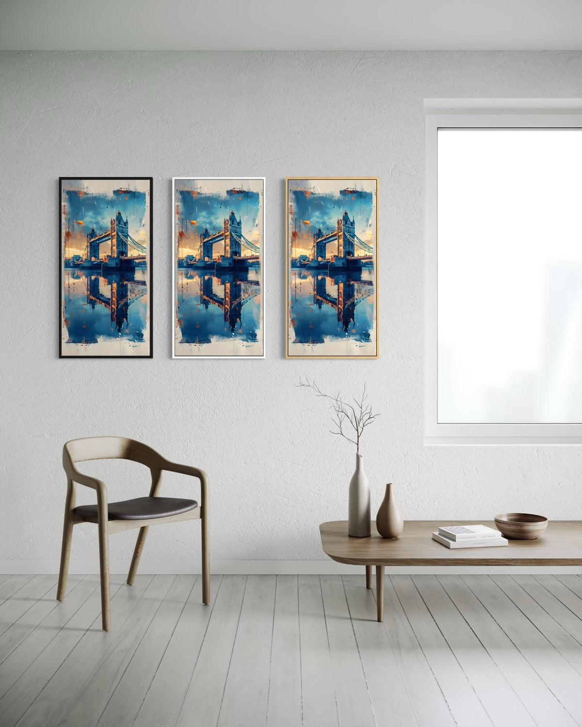 Set di tre stampe verticali Tamigi Sommerso in cornice, skyline azzurro