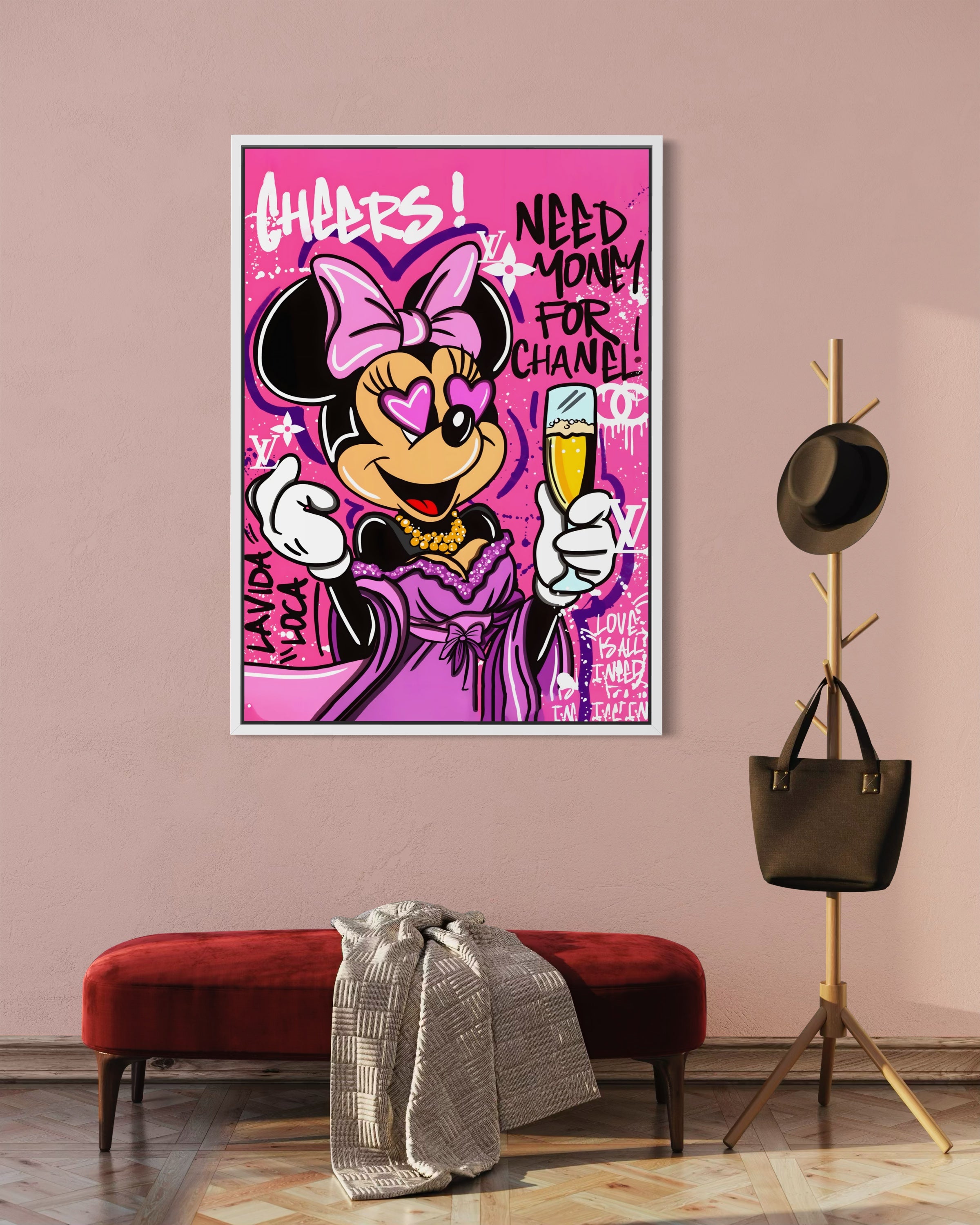 Vida loca con cornice bianca, stampa grafica rosa con personaggio cartoon e scritte