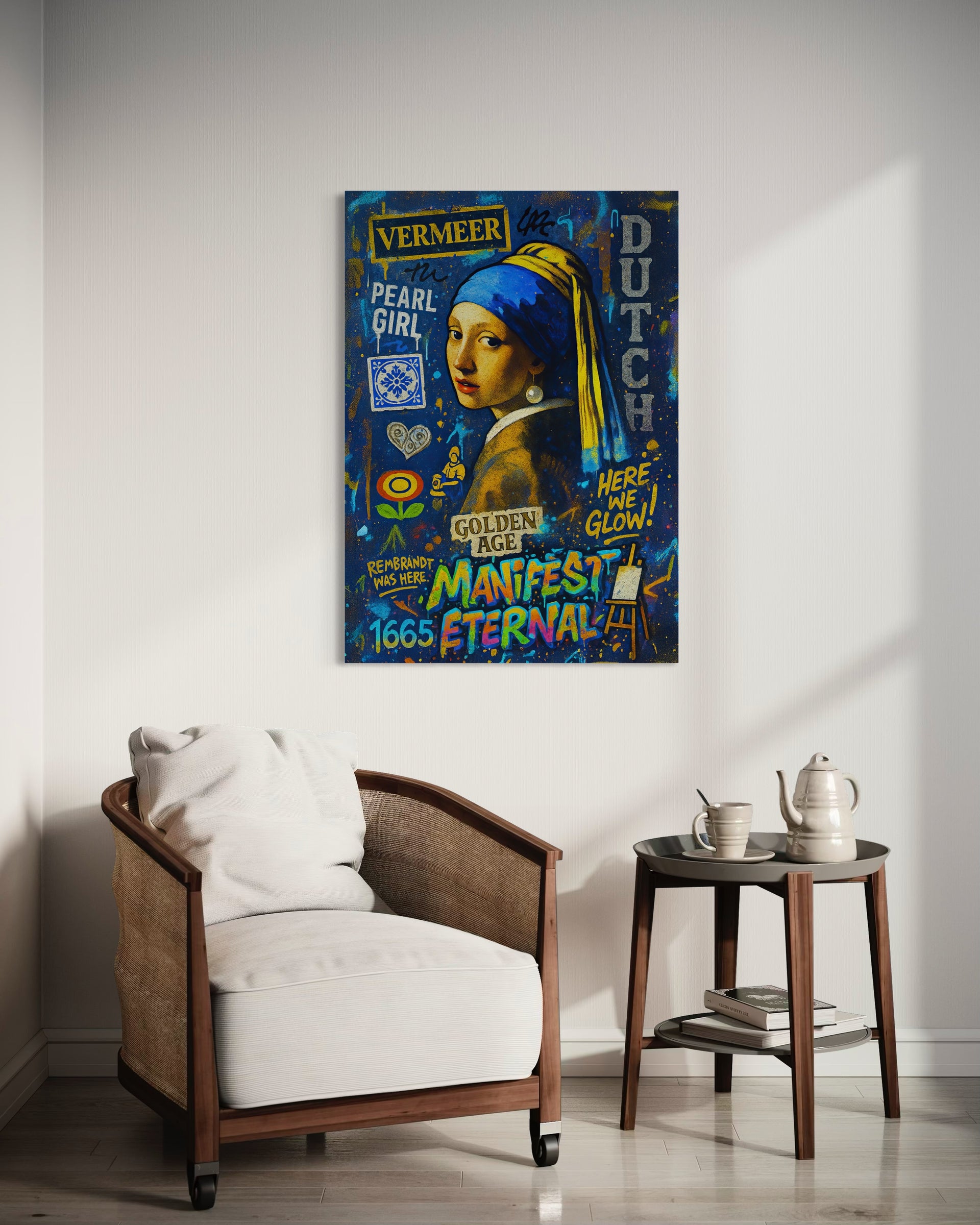Quadro Vermeer pop con cornice nera, ritratto femminile su sfondo blu e scritte dorate.