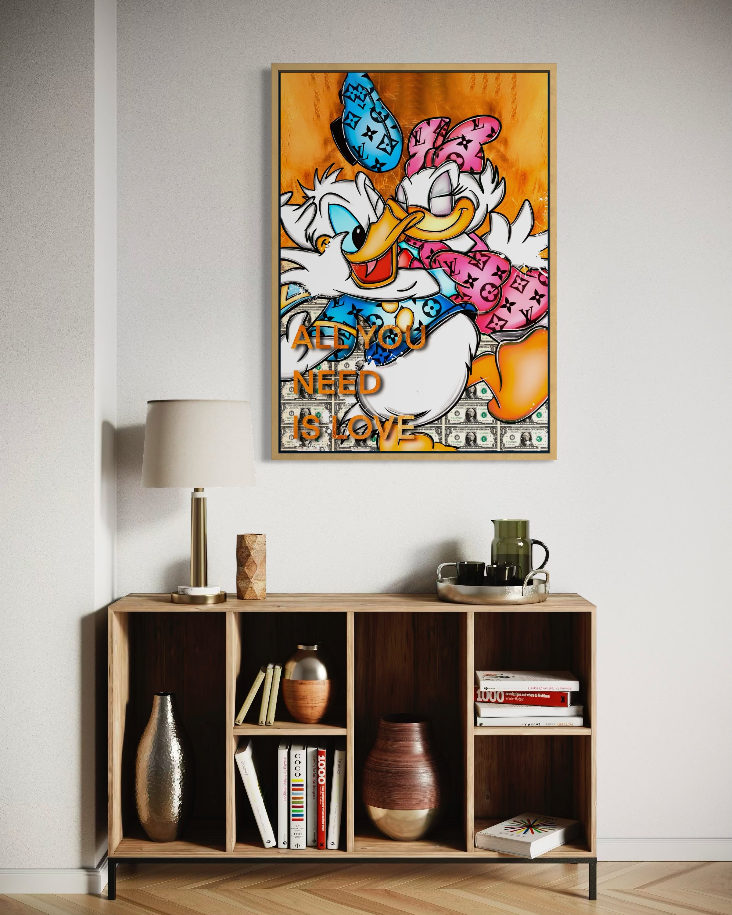 Stampa incorniciata con paperella cartone e scritta “ALL YOU NEED IS LOVE”