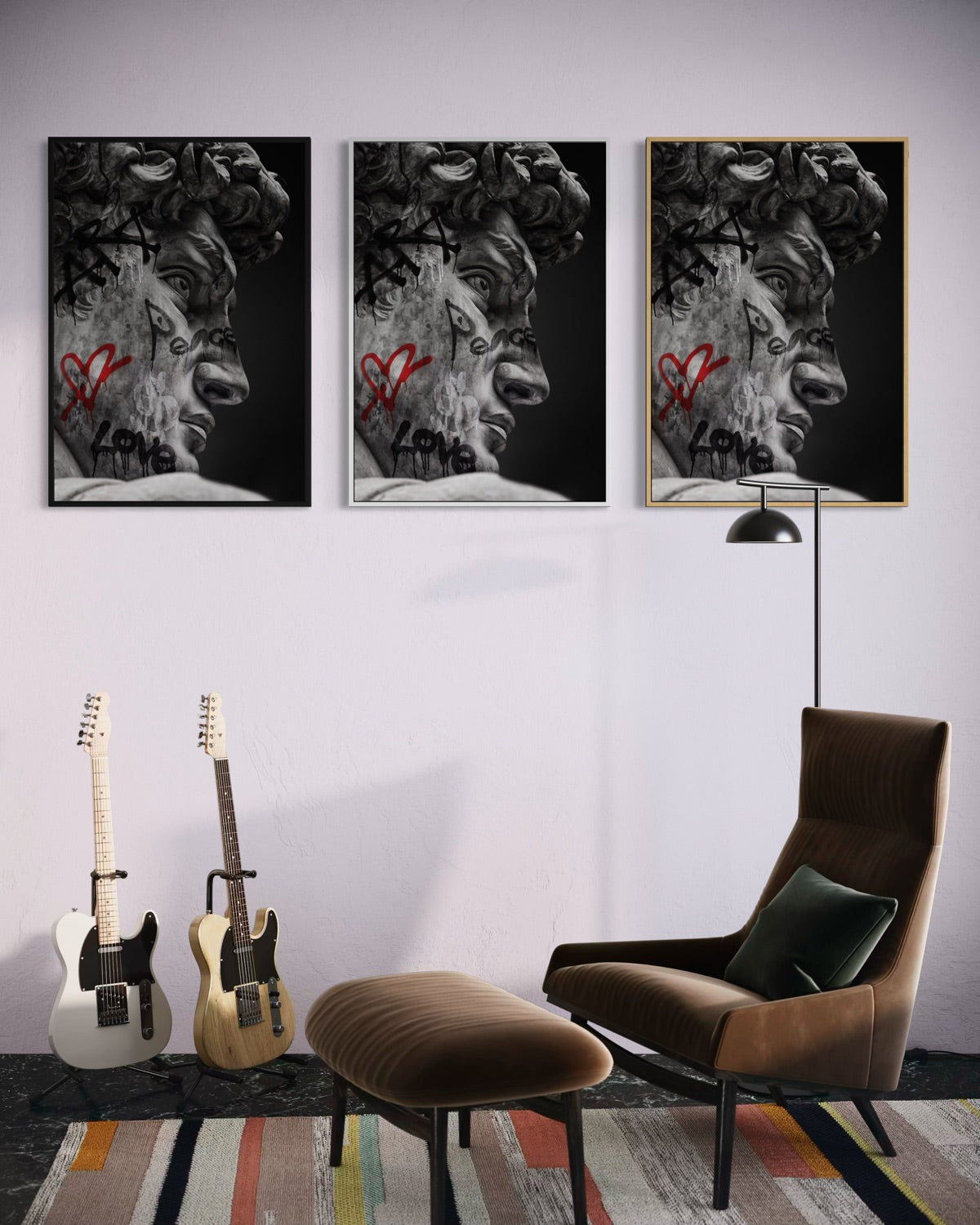 Set di 3 stampe incorniciate con ritratto b/n e graffiti rossi, una cornice oro