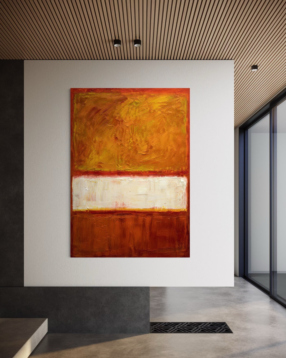 Stampa d’arte astratta incorniciata, arancio e giallo con fascia bianca orizzontale