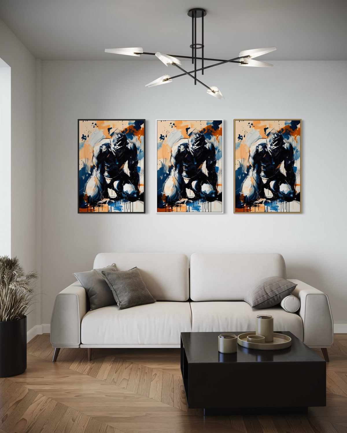 Set di 3 stampe incorniciate con pittura astratta blu e arancione su sfondo chiaro