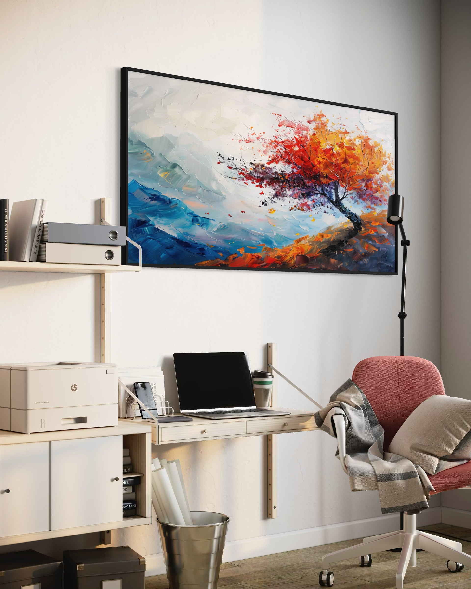 Vivid horizon, quadro astratto incorniciato nero con sfumature blu e arancio