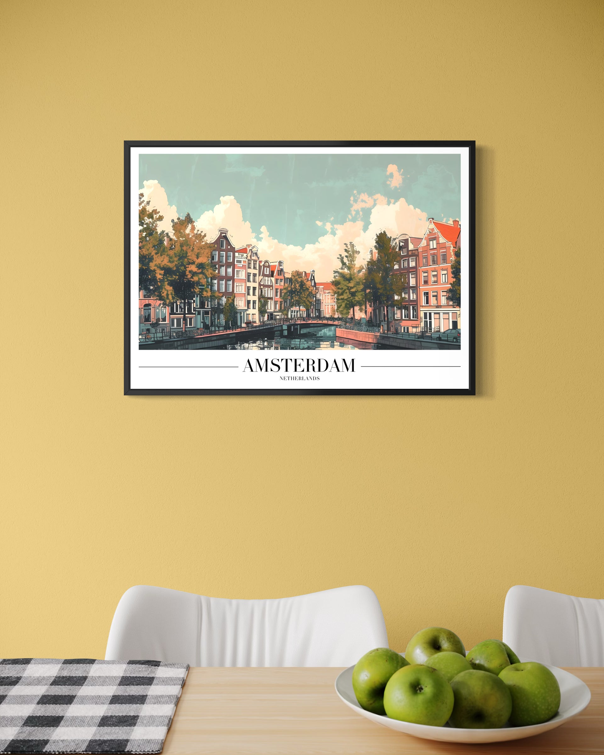 Amsterdam con cornice nera, stampa paesaggio cittadino con canale