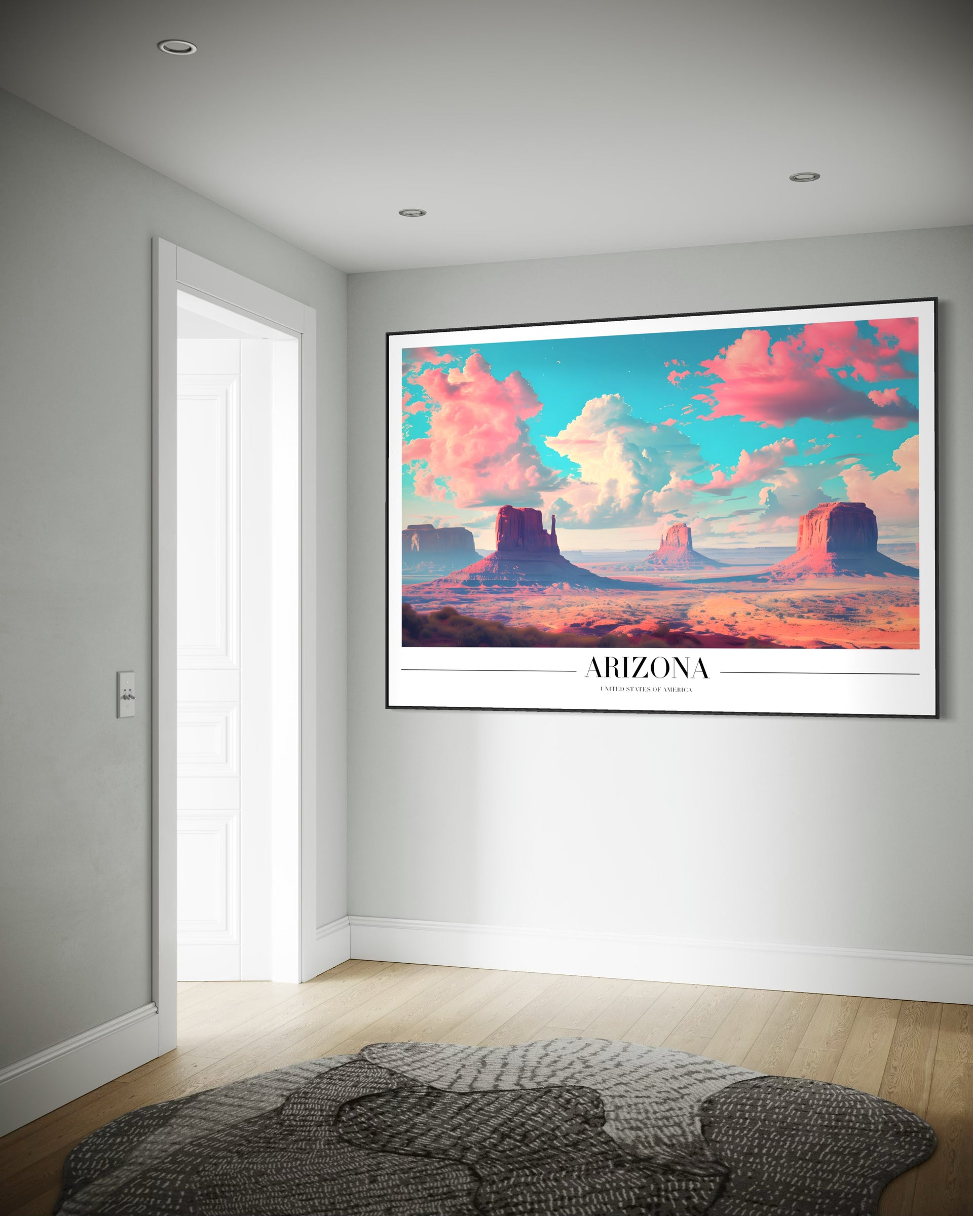 Stampa Arizona con cornice nera e paesaggio del deserto con cielo nuvoloso