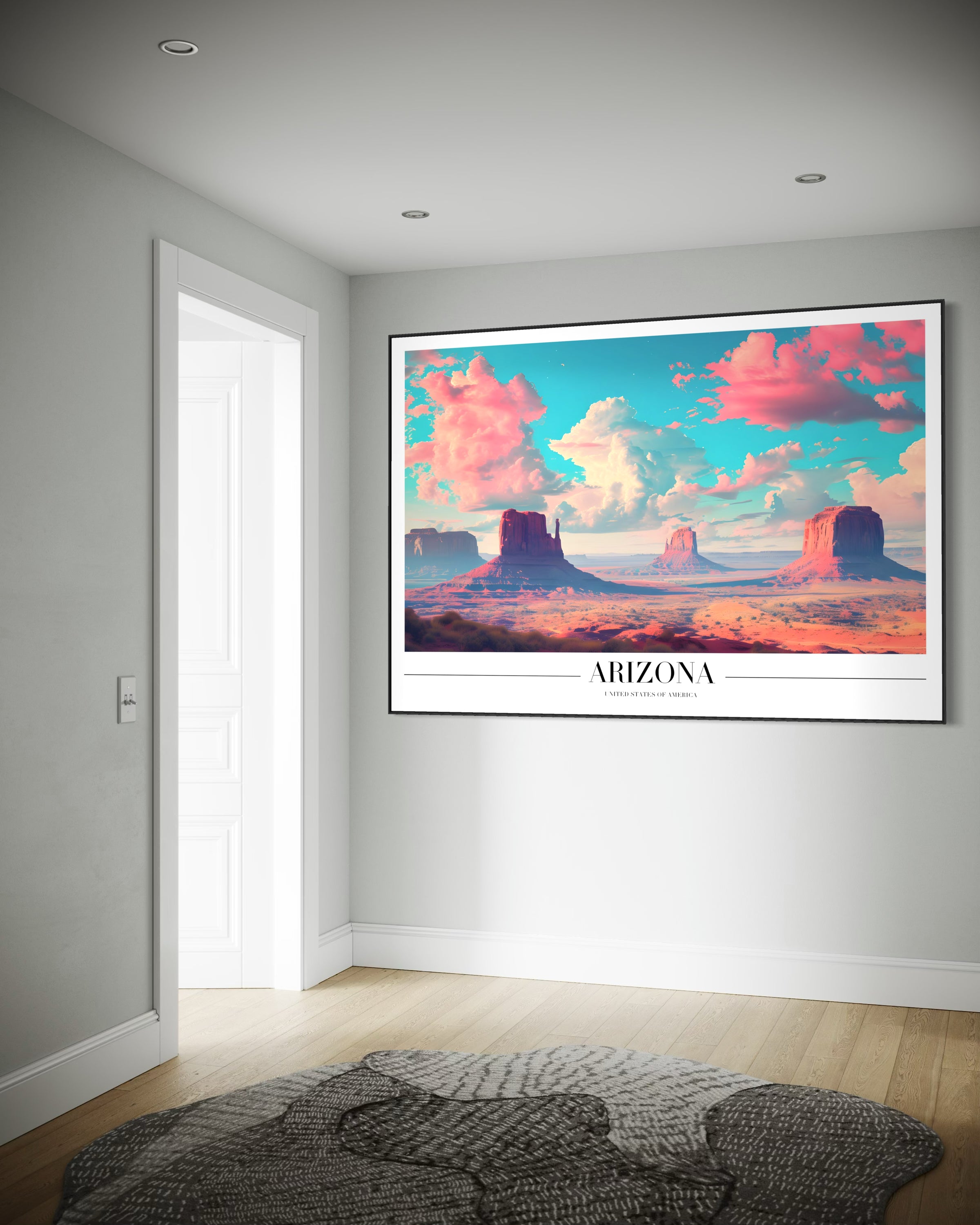 Stampa Arizona con cornice nera e paesaggio del deserto con cielo nuvoloso