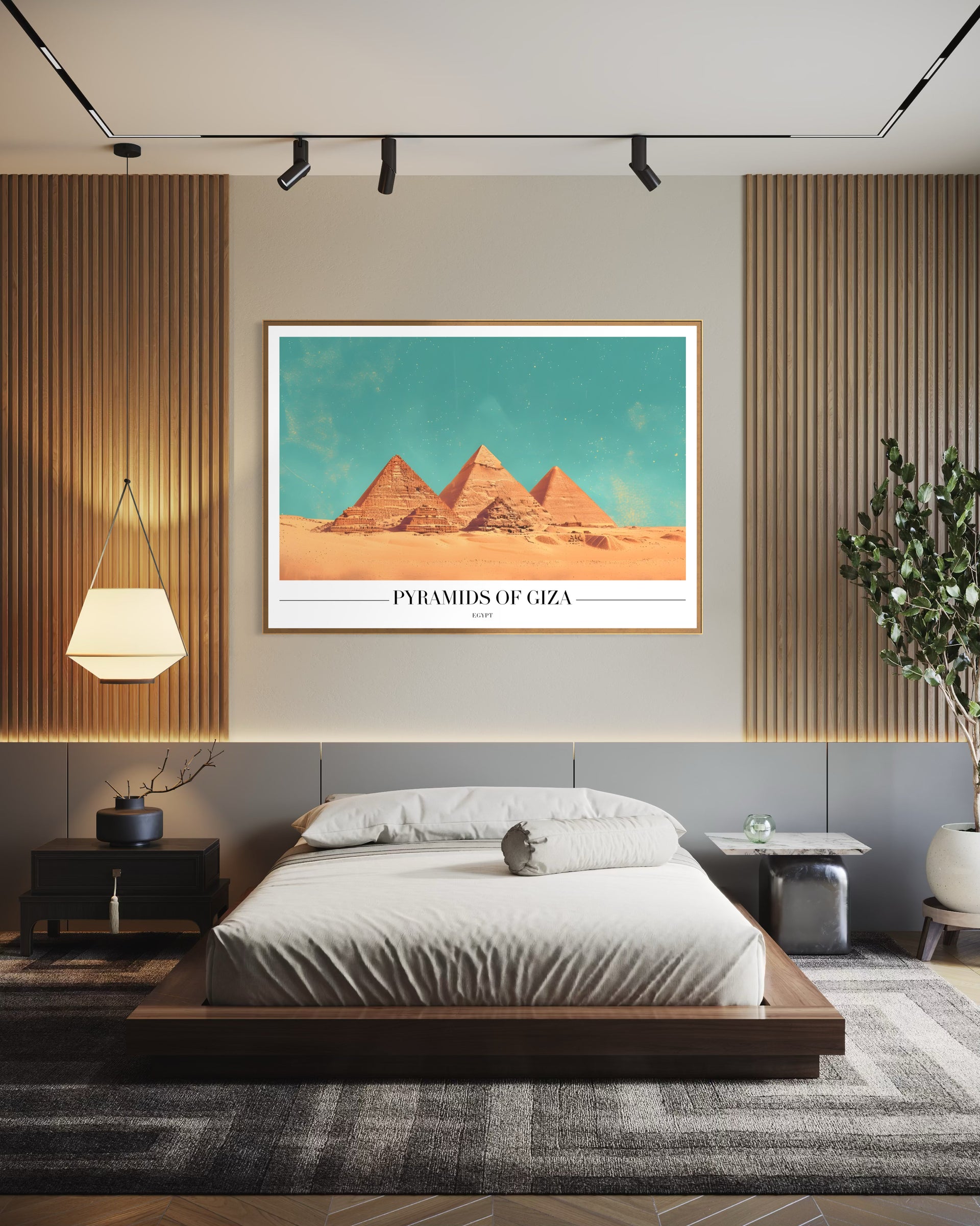 Giza: stampa con cornice, piramidi e testo “PYRAMIDS OF GIZA”