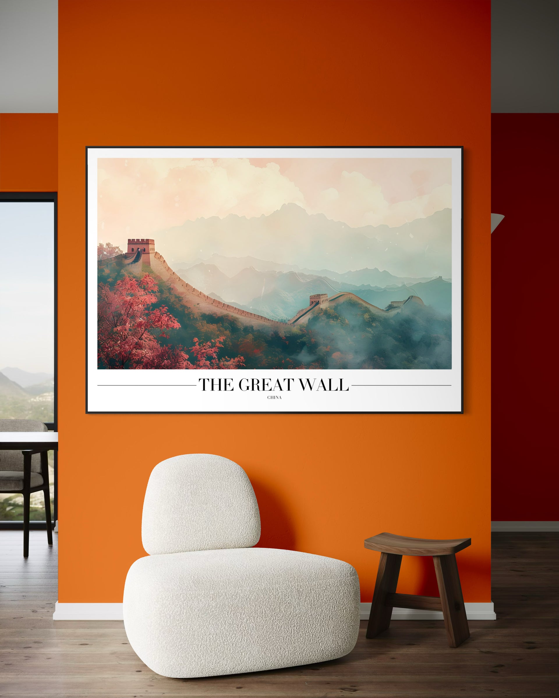 Wall con cornice bianca, stampa della Grande Muraglia e paesaggio montano
