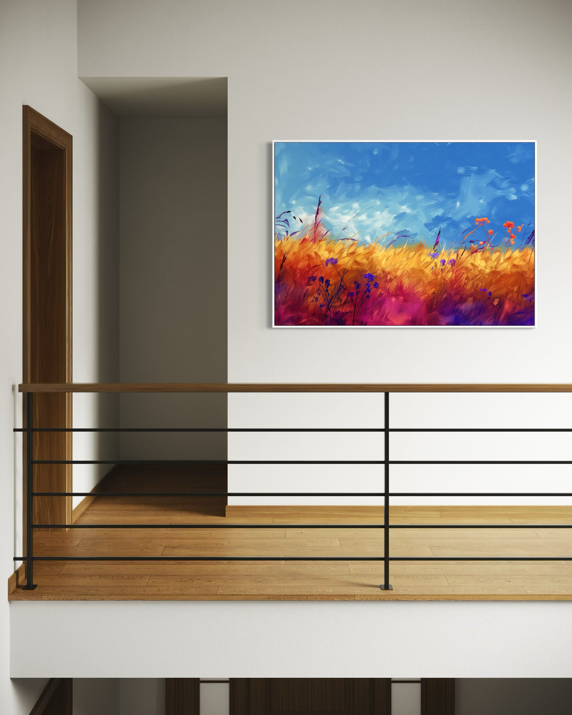 Wildgrass field color framed print: blue sky, orange and purple wildflowers