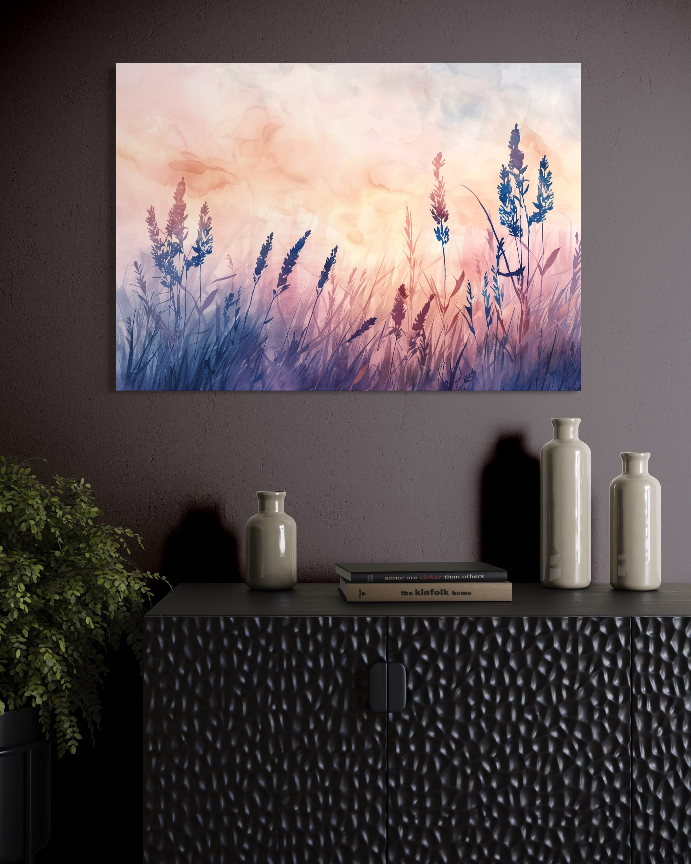 Wildgrass Field harmony wall art with tall blue and pink grasses, soft sunset sky