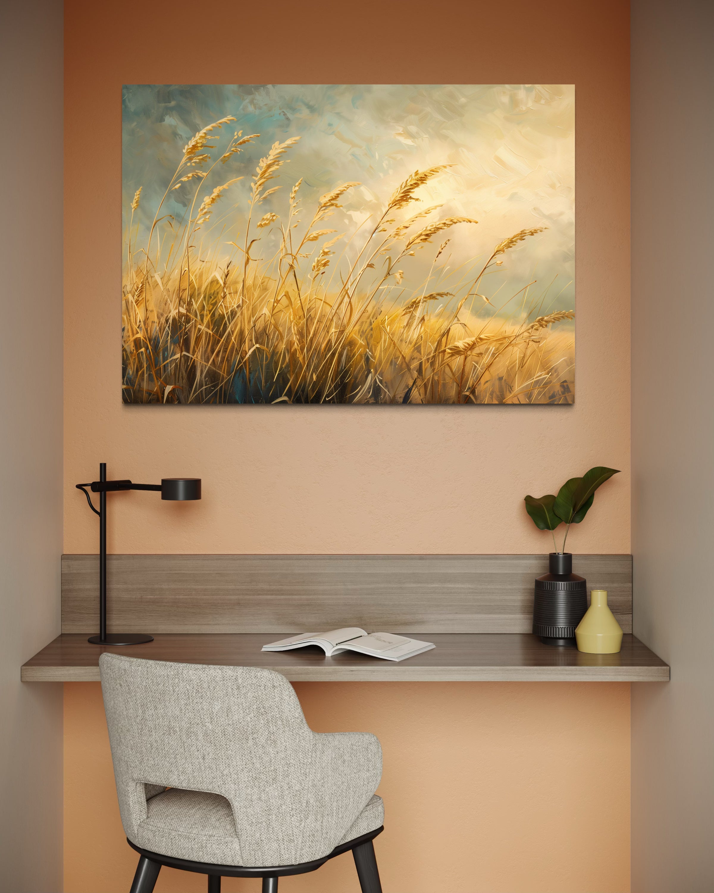 Wildgrass Field gold framed canvas with golden grasses
