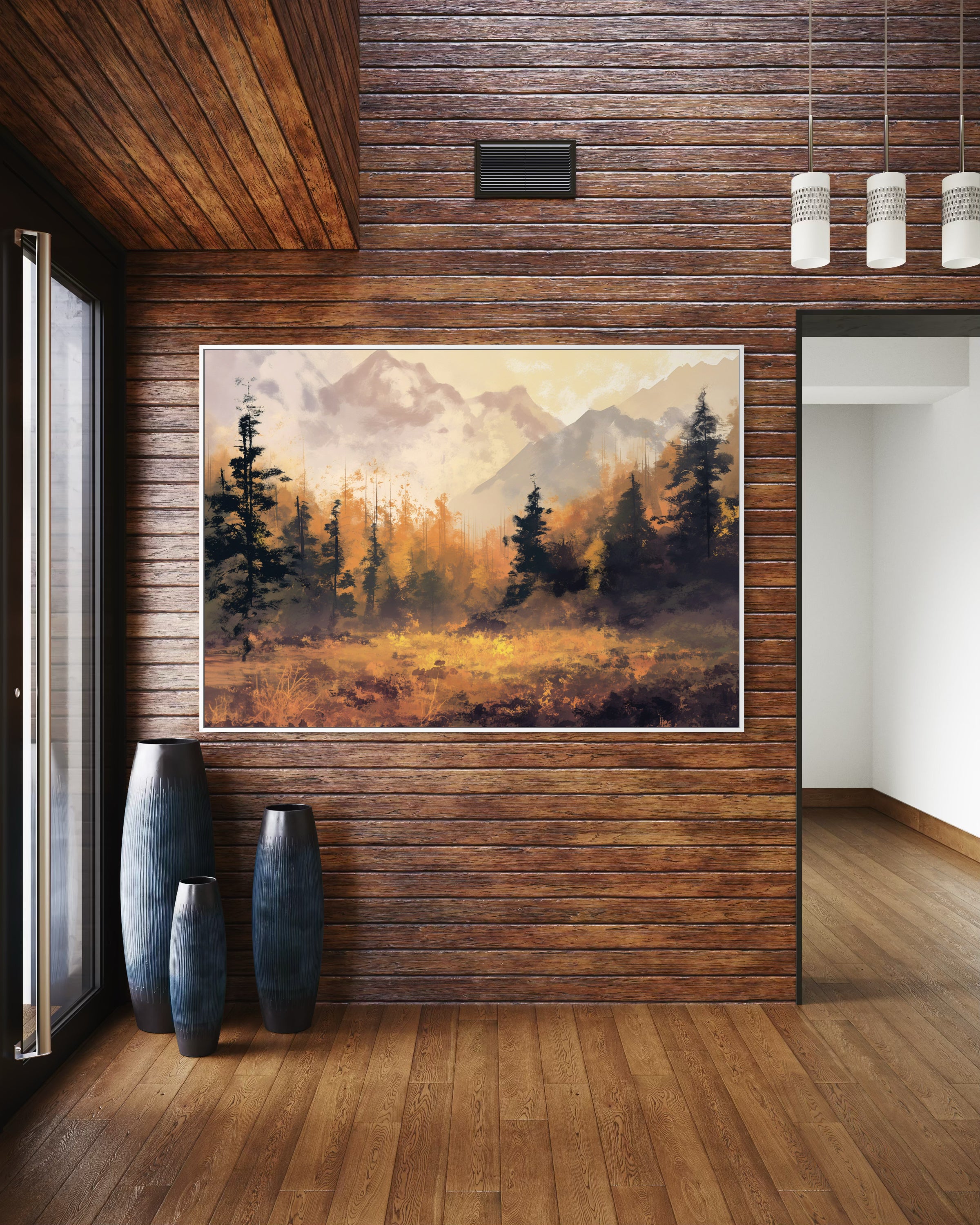 Arte paesaggistica con cornice chiara, stampa di montagne e alberi al tramonto