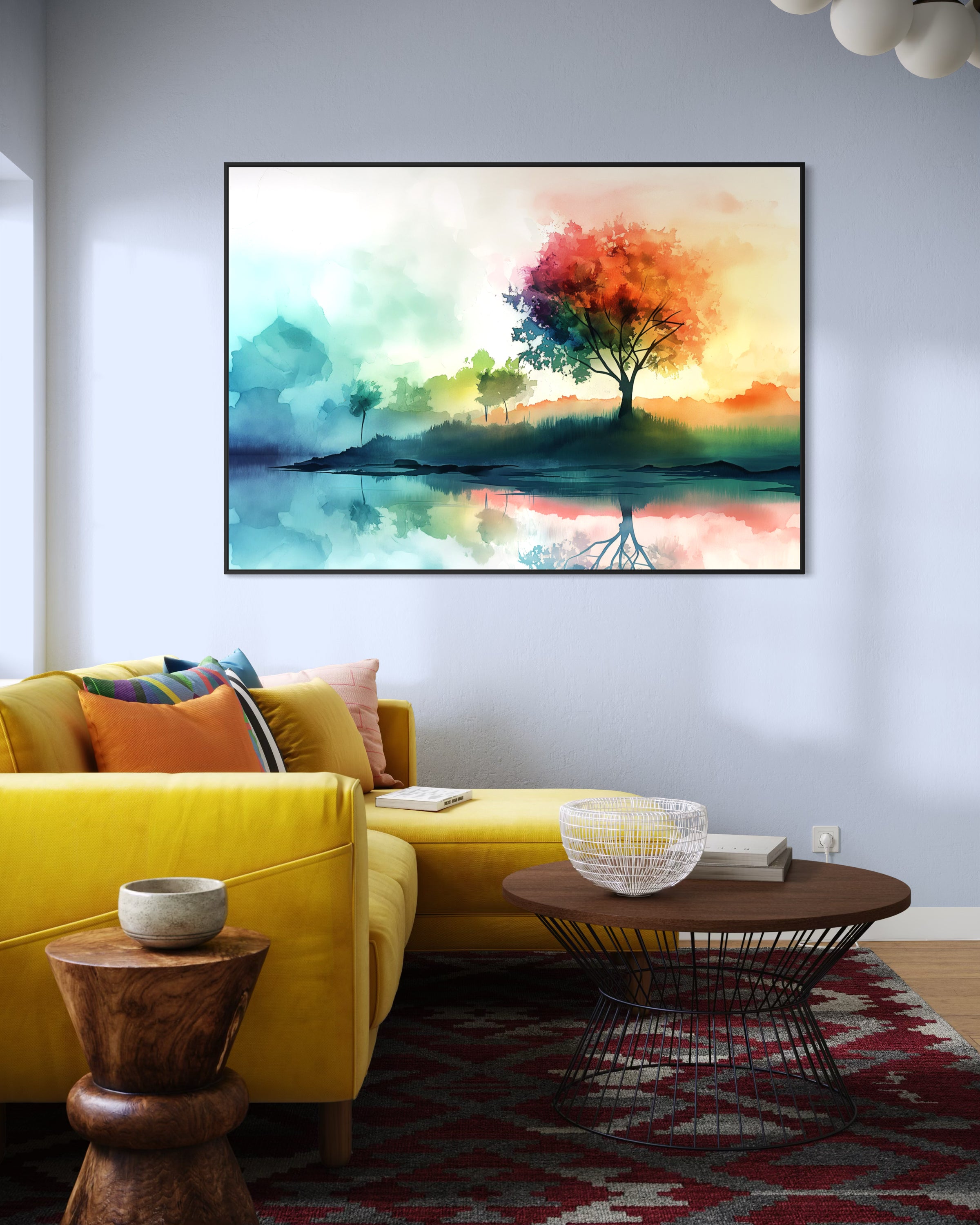 Stampa paesaggio con lago e albero, cornice nera, colori acquerello