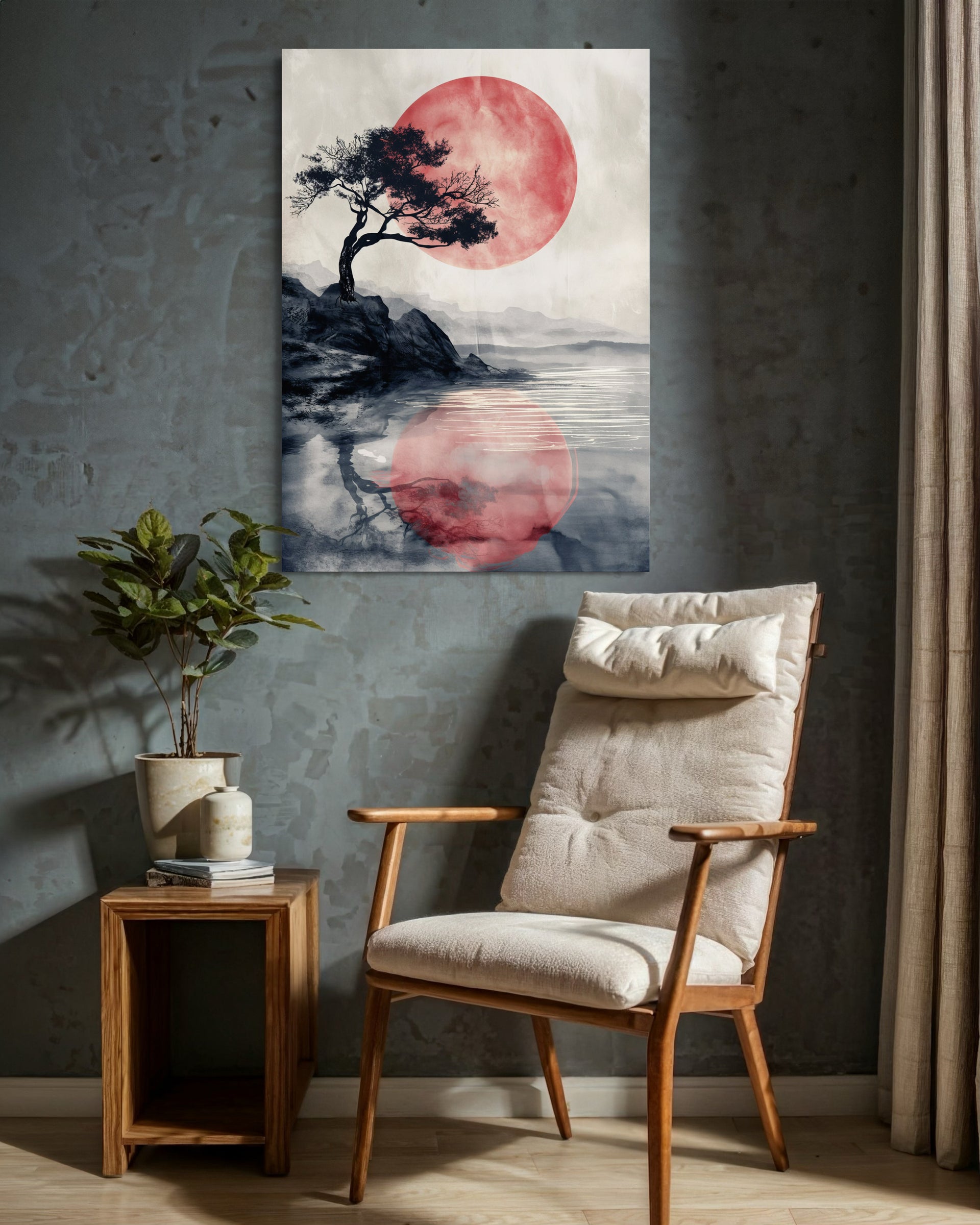 Quiet panorama: stampa con albero in silhouette, luna rossa e riflesso su paesaggio.