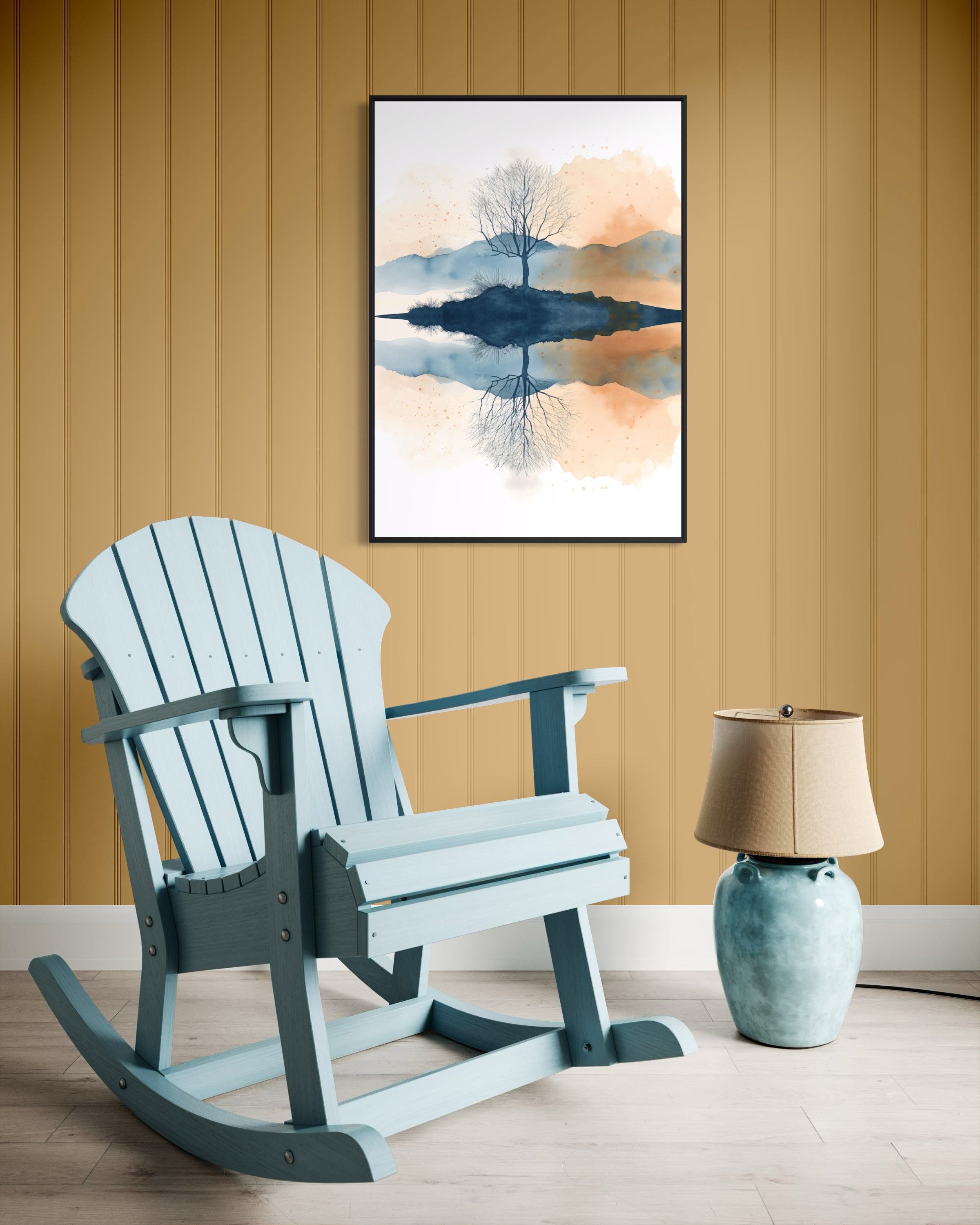 Quadro panoramico con cornice scura e paesaggio con riflesso