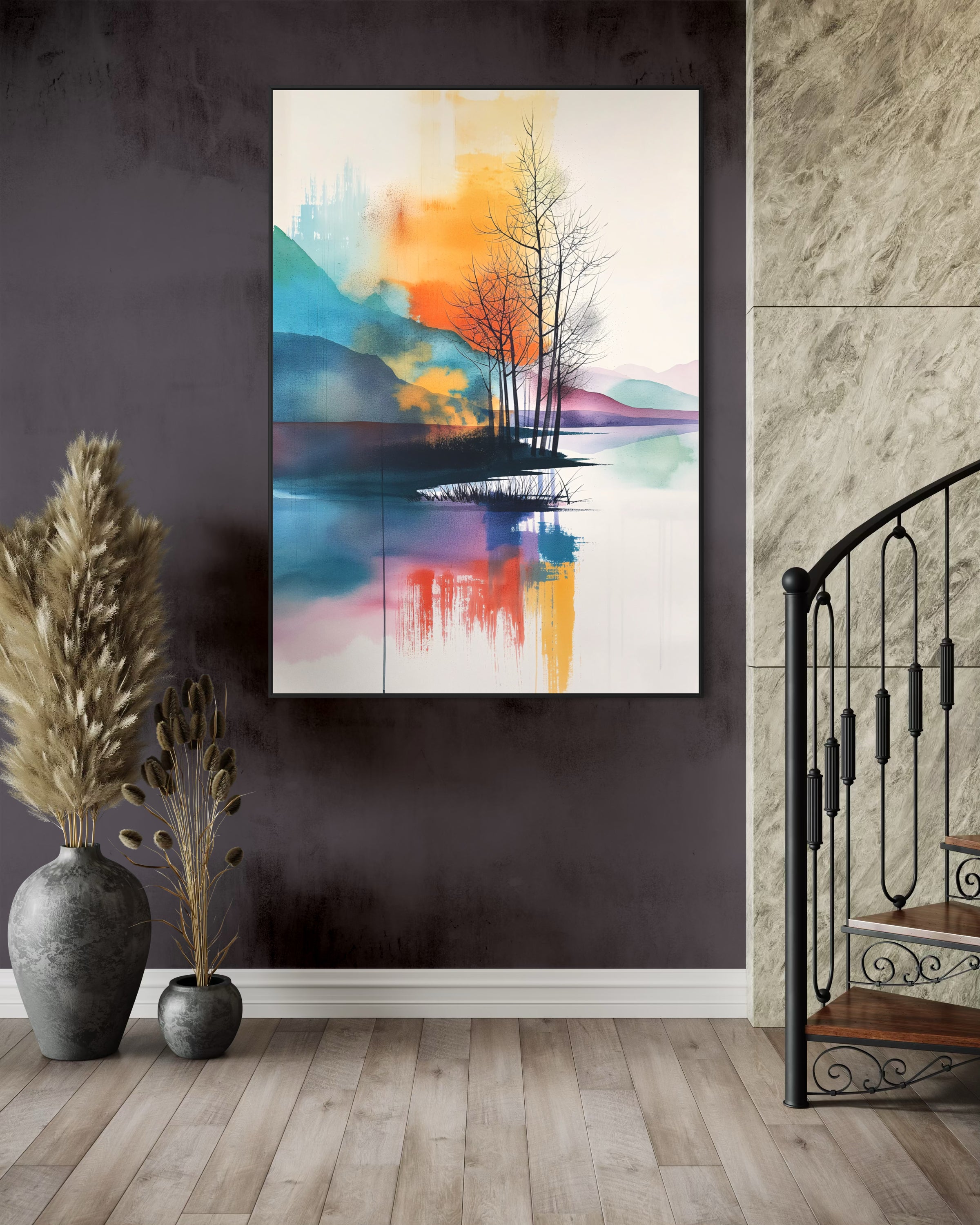 Paesaggio astratto: cornice scura, alberi spogli e riflesso arancio-blu.